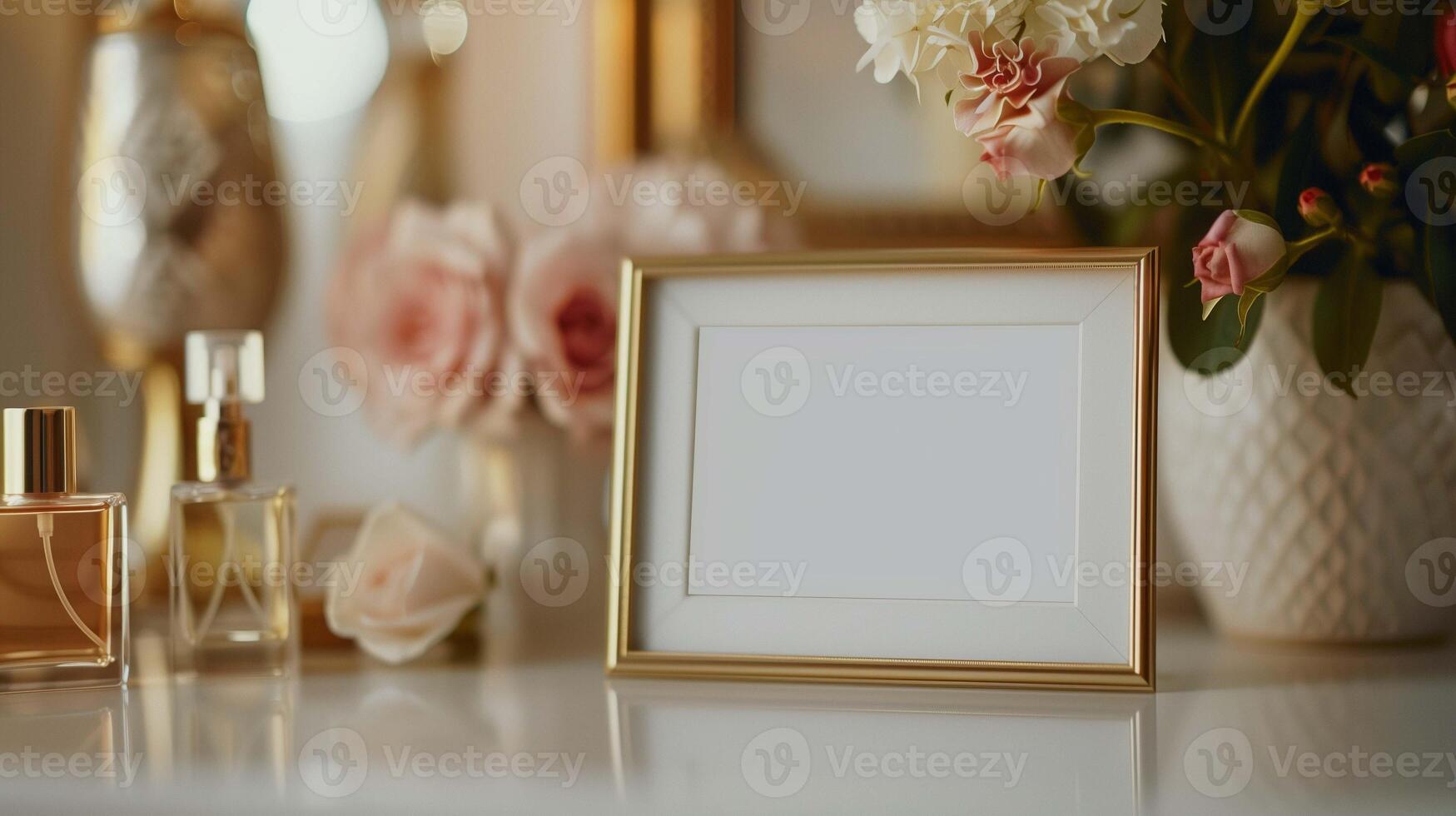 Photo frame mockup and perfume bottles on dressing table. Picture template with cosmetic product advertising image. Glamorous lifestyle concept with poster mock up product photorealistic