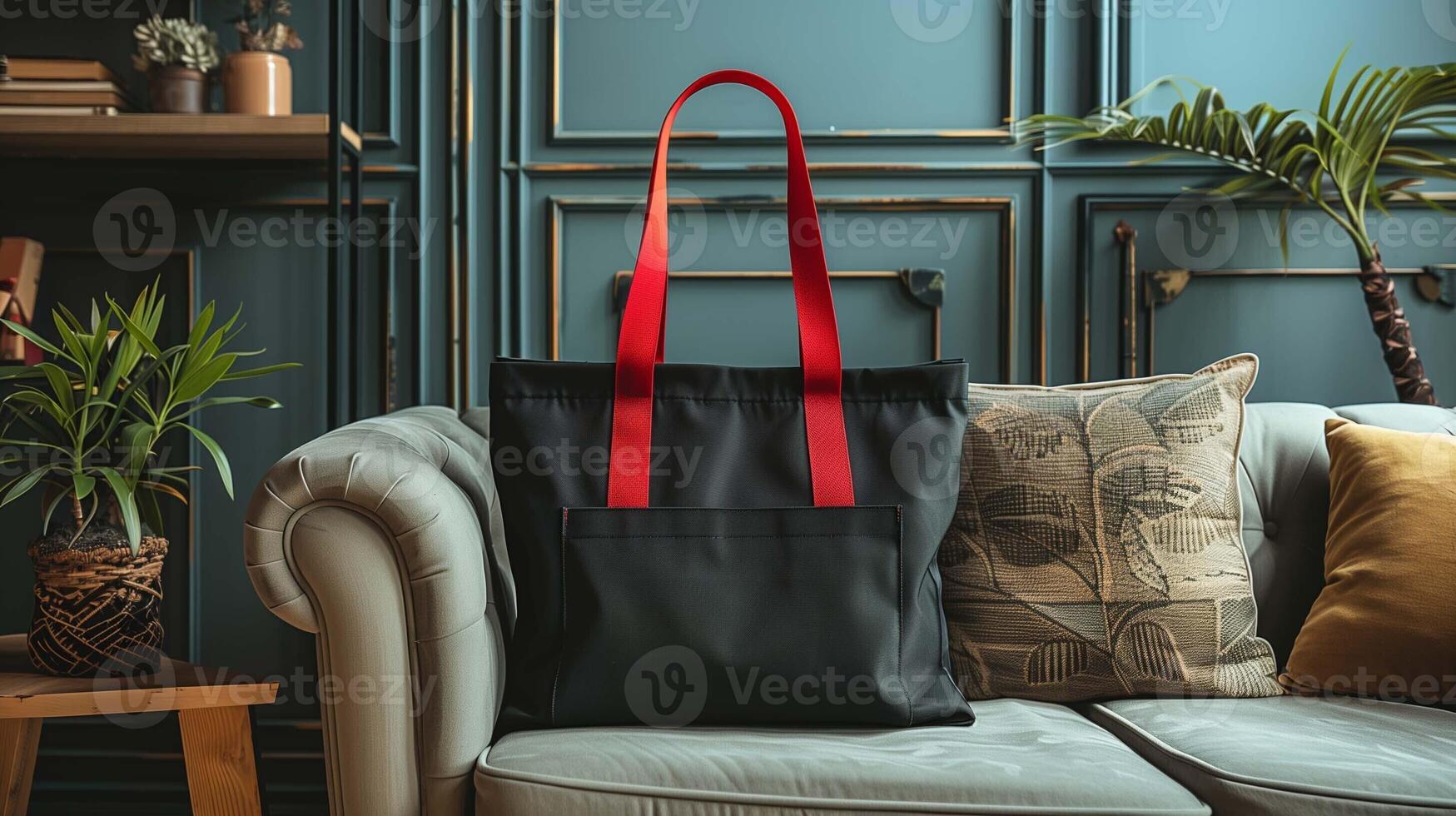 Black tote bag mockup with vibrant red handles sits elegantly on plush beige sofa. Chic decor elements and potted plants. Totebag template advertising image. Luxury shopper mock up photo