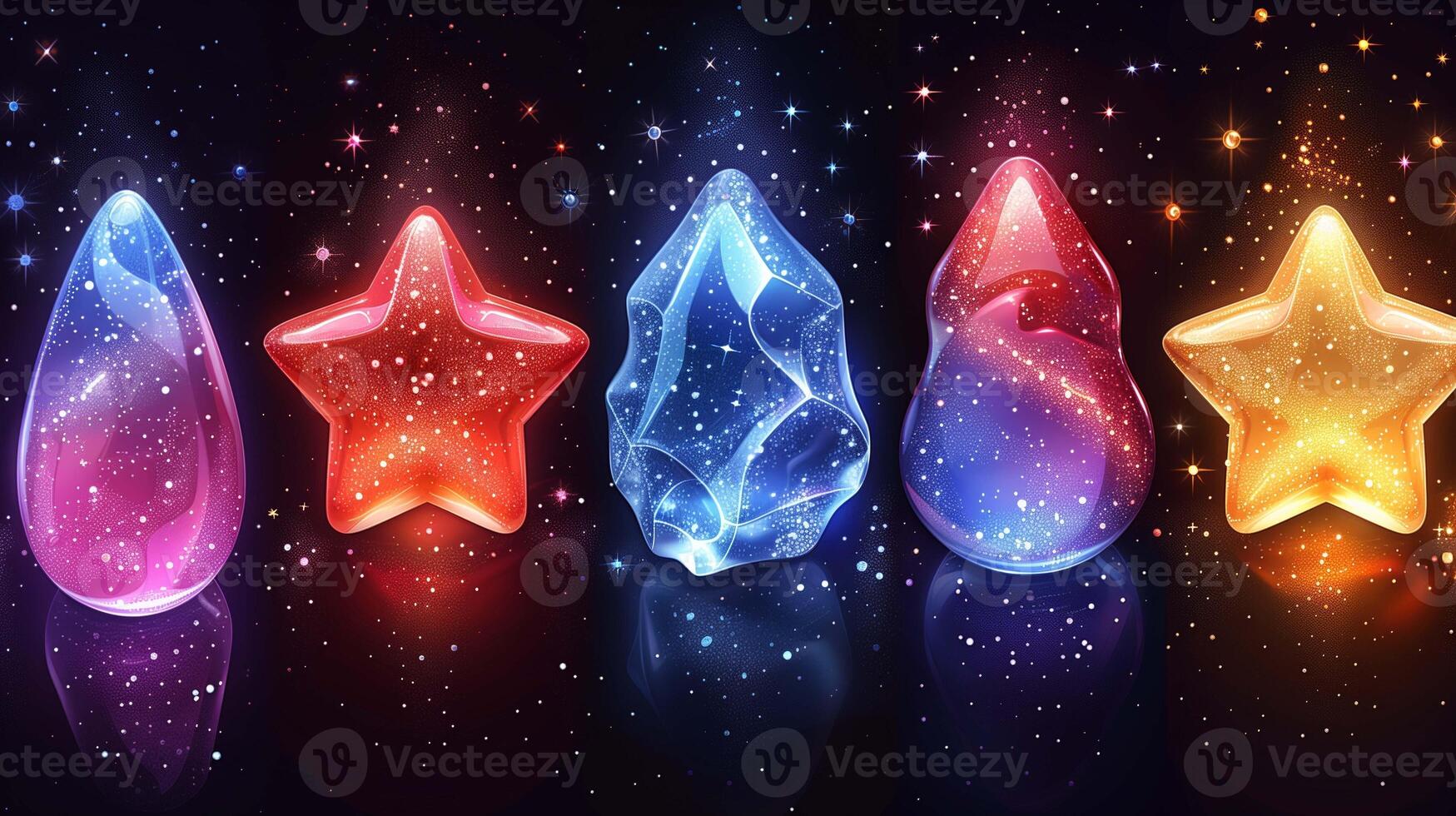 Magical crystals with glitter sparks in darkness 3d rendering image. Glass stars and drops collection background wallpaper colorful realistic. Witchcraft mystery concept idea photo