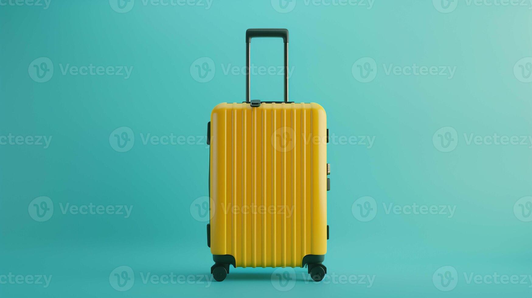 Bold yellow suitcase mockup placed on clean minimalist teal background. Bright luggage wheels template advertising image. Travel-related theme baggage mock up product photorealistic photo