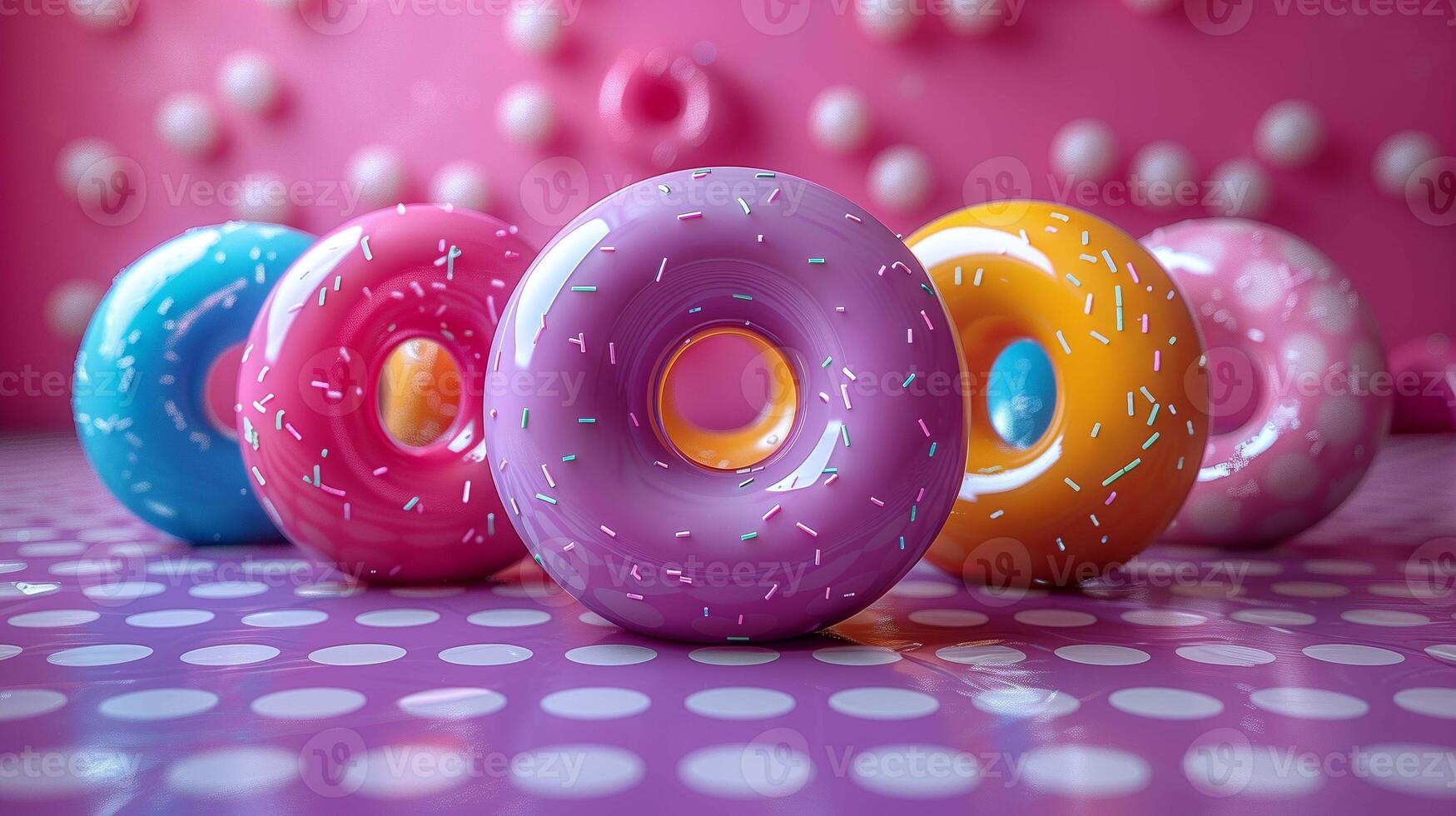 Delicious glazed donuts on table 3d rendering image. Sweet fast food snacks freshly baked in confectionery background wallpaper colorful realistic. Pastry desserts concept idea photo
