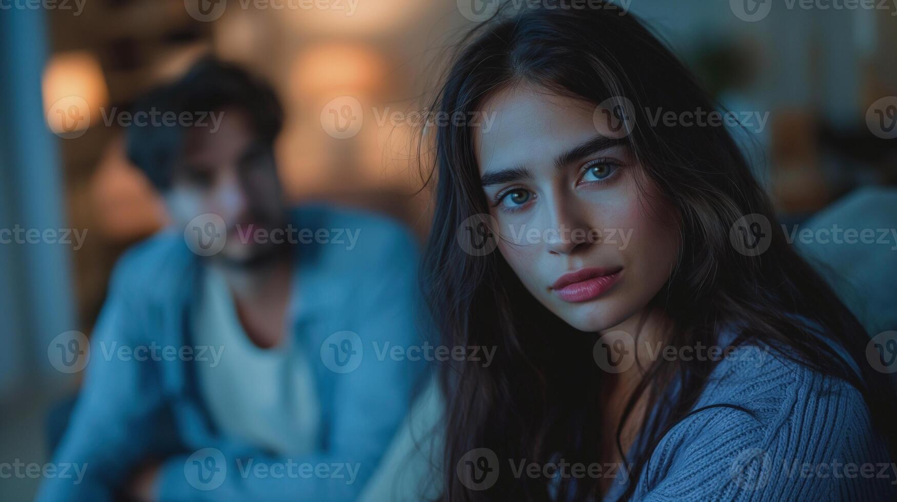 Thoughtful woman in dimly lit room with distant partner portrait image. Emotional tension, introspection picture photorealistic photography. Toxic relationships concept photo realistic