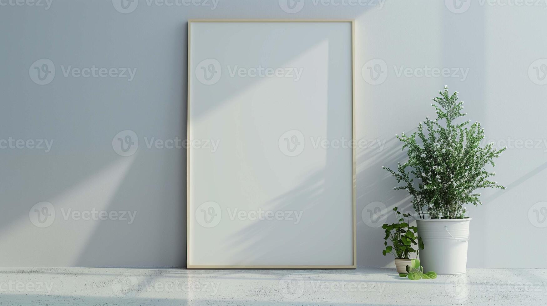 Photo frame mockup and potted plants near white wall. Empty placard with fresh greenery in shady room template advertising image. Minimalist mock up product photorealistic