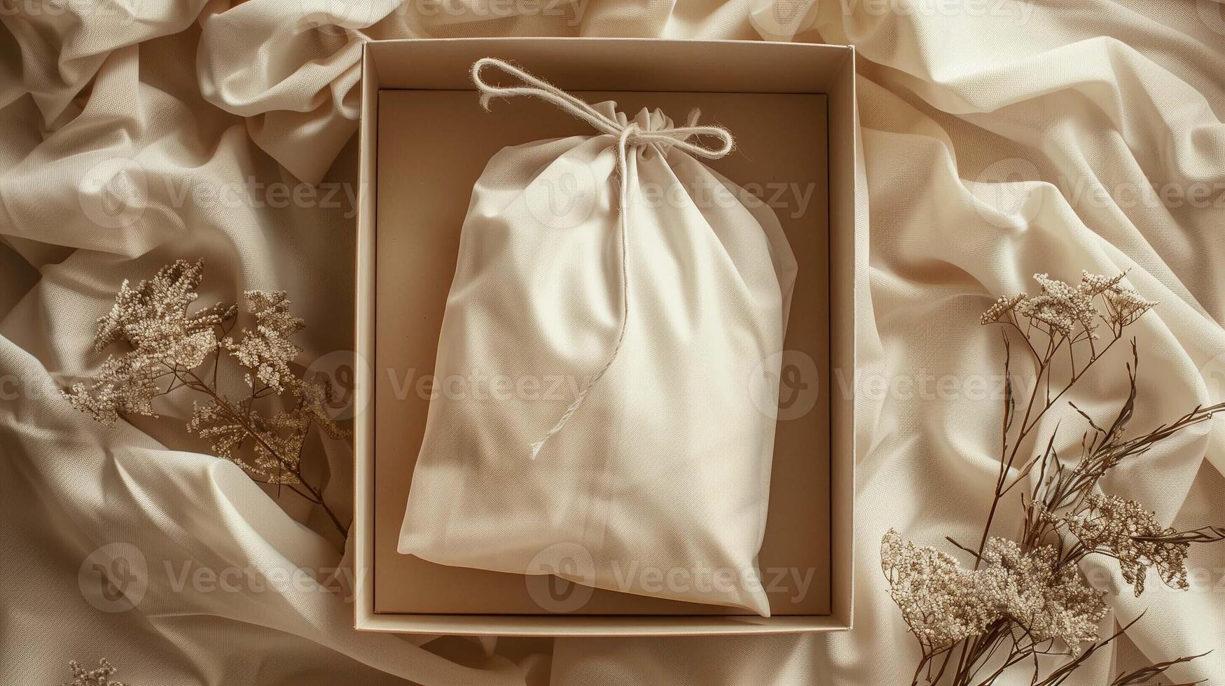 Cream-colored drawstring bag mockup with delicate florals flowing fabric. Serene minimalist elegance. Organic materials template advertising image. Sustainable packaging mock up product photo