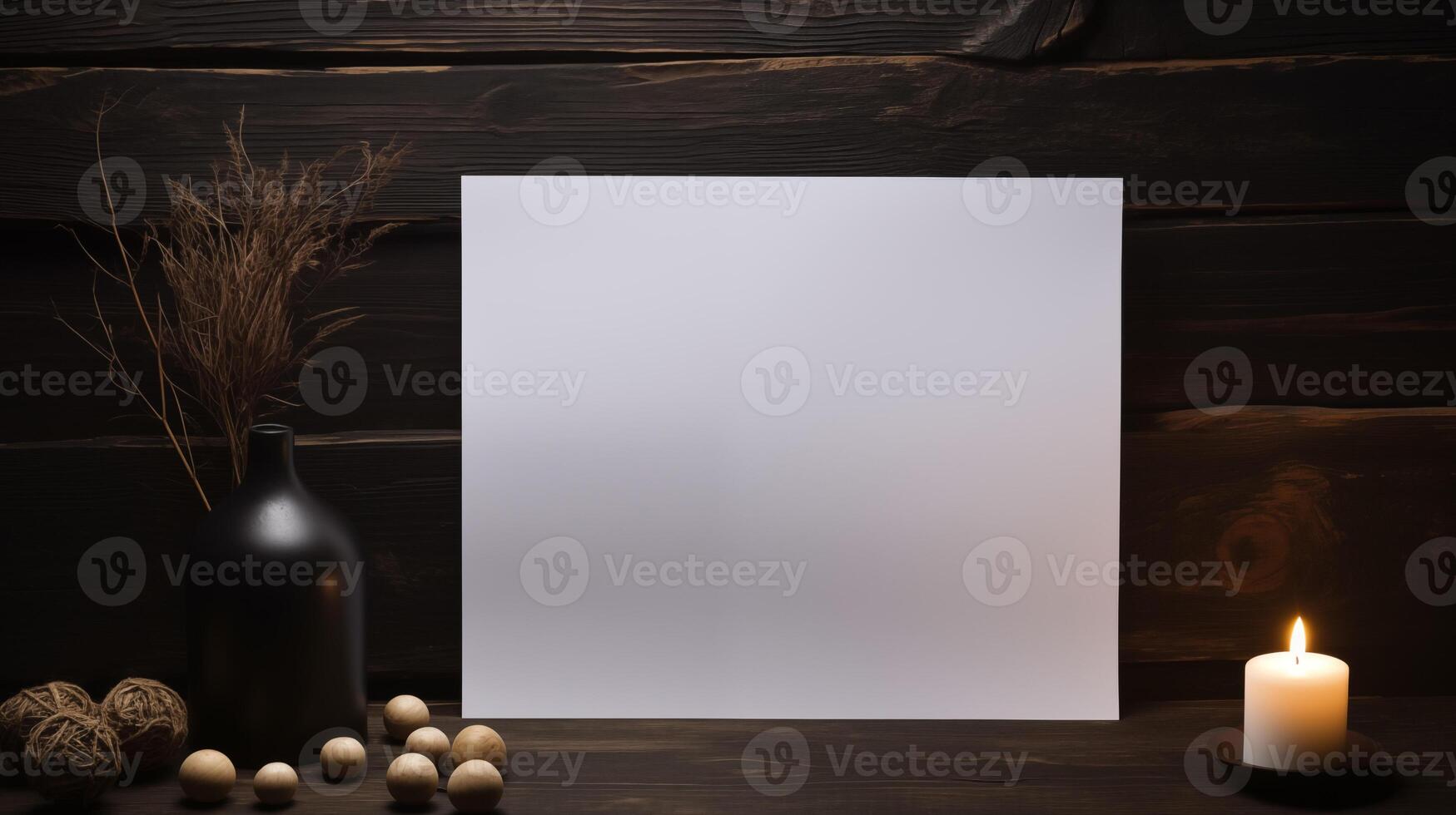 Minimalist white card mockup with candlelight on dark wood. Glowing candle, dried grass, decorative wooden spheres template advertising image. Warm design mock up product photorealistic photo