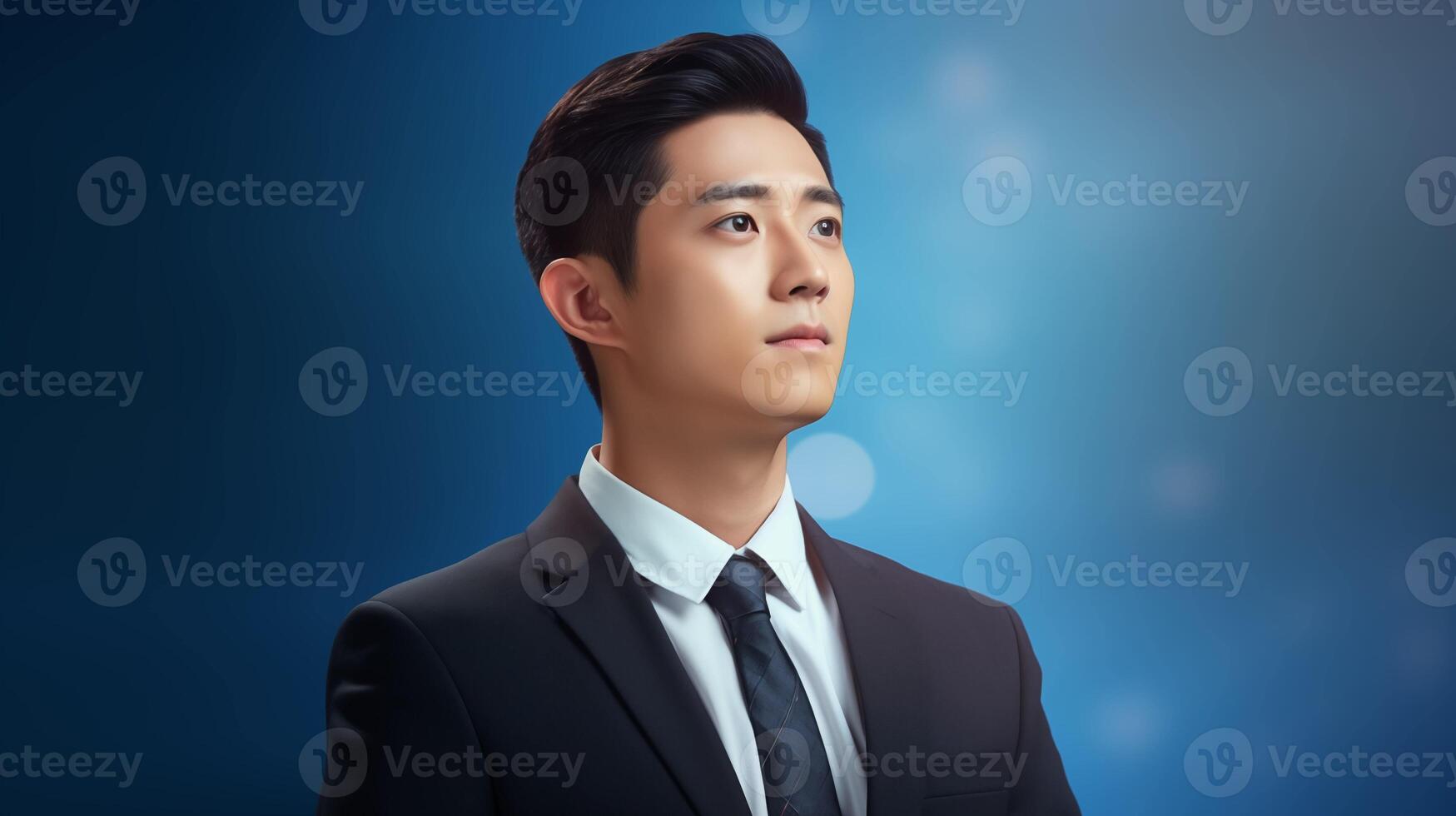 Focused korean businessman in formal attire portrait image. Young executive dressed in suit tie photography studio shot. Goal-oriented man professional ambition concept photo realistic