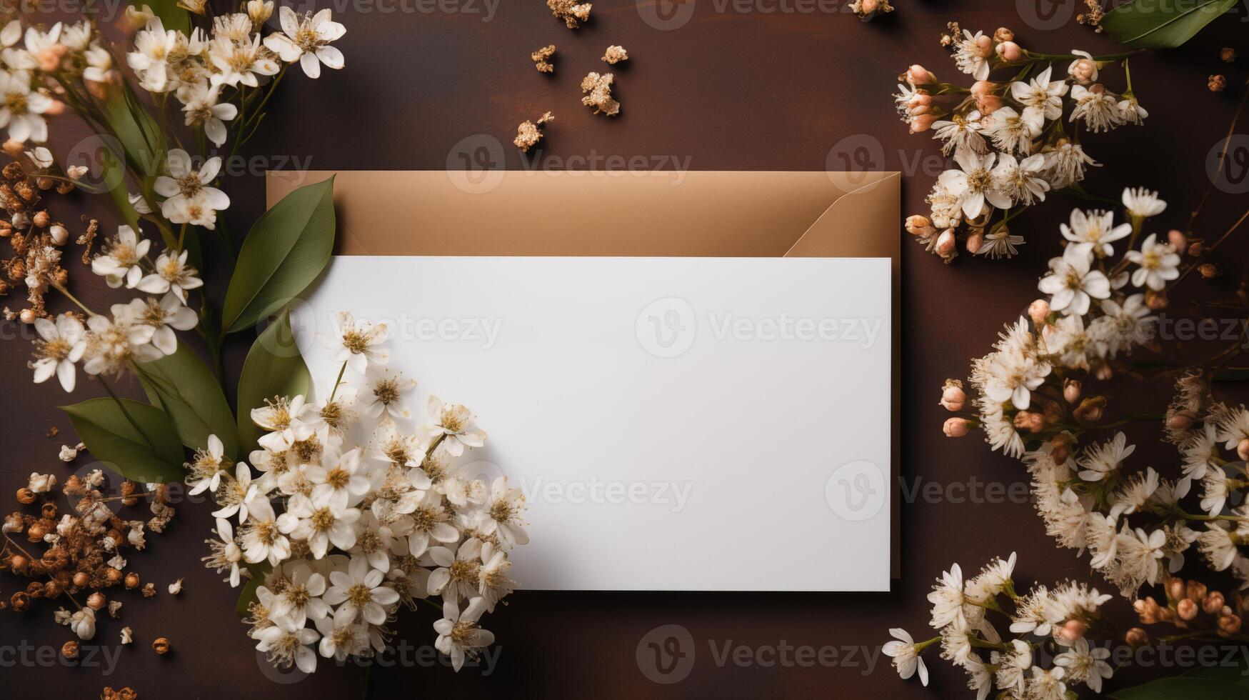 Blank white card mockup on beige envelope bordered by blooming white flowers. Wedding invitation template advertising image. Nature-inspired stationery mock up product photorealistic photo