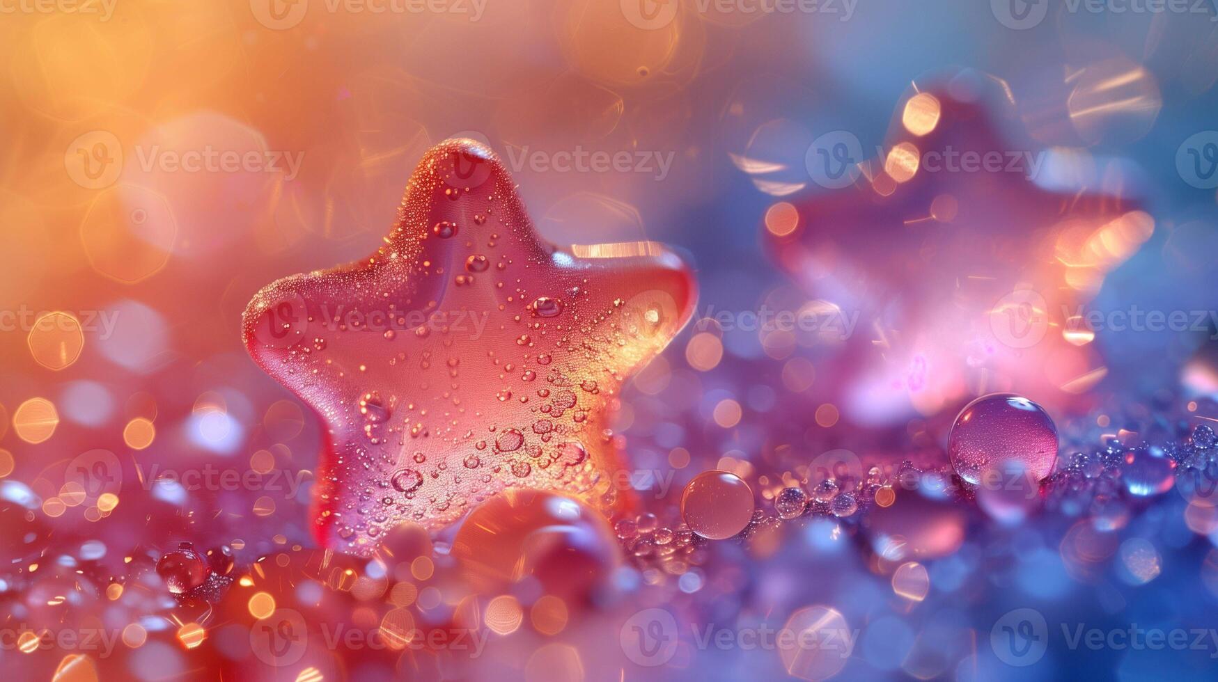 Glowing transparent glass star with air bubbles image copy space. Festive decorative ornament banner background blurred. Fantasy style crystal concept photography copyspace photo