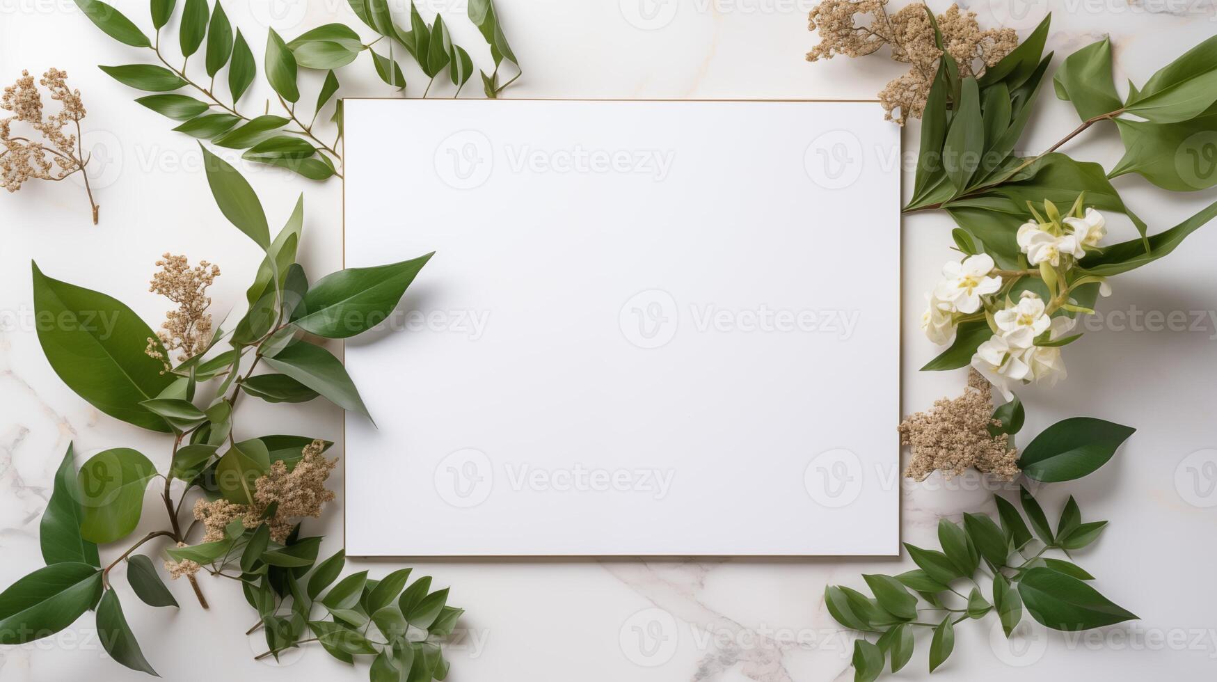 Blank white canvas mockup surrounded by green leaves blossoms dried flowers. Marble botanical arrangement template advertising image. Nature inspired mock up product photorealistic photo