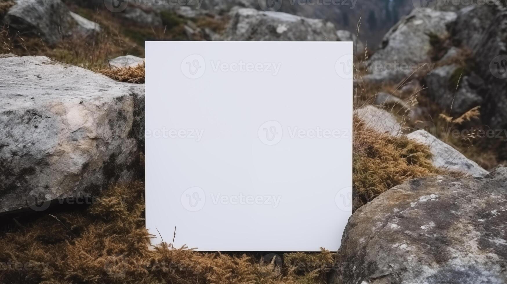 Blank white card among large boulders dry grass in rocky mountain landscape. Square paper template advertising image. Natural tones of rocks and vegetation mock up product photorealistic photo