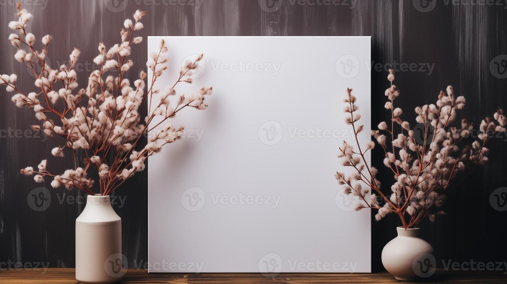 Blank canvas mockup with cotton stems in ceramic vases on wooden table. Dark wood backdrop. Showcasing quotes, artwork template advertising image. Elegant mock up photorealistic photo