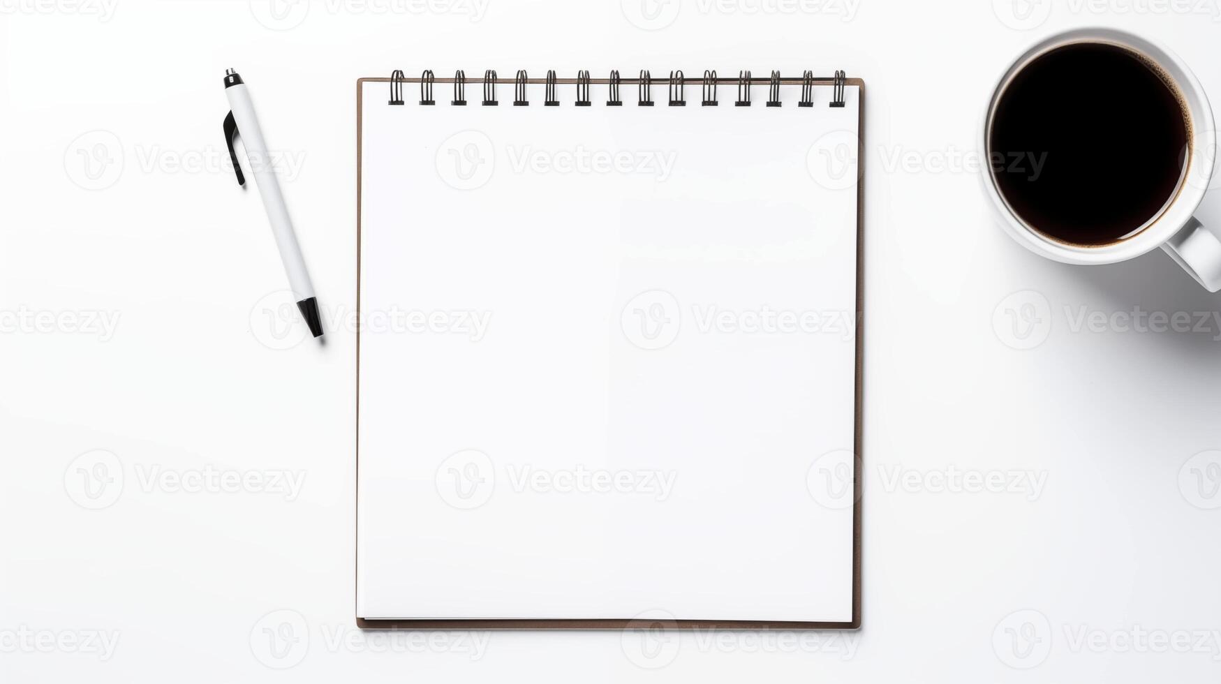 Simple workspace with coffee cup and spiral notepad mockup. Minimalist flat lay coffeecup, white pen, blank notebook template advertising image. Productivity mock up photorealistic photo