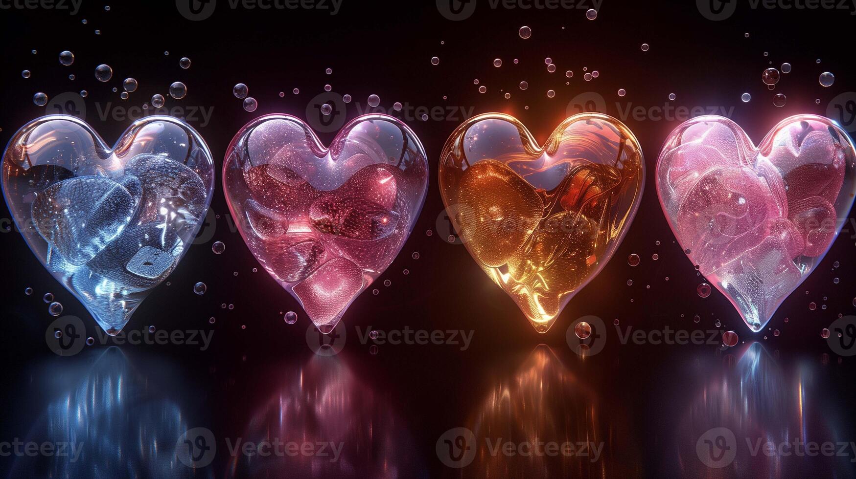 Translucent crystal hearts in darkness 3d rendering image. Glossy romantic souvenirs with floating bubbles background wallpaper colorful realistic. Love relationship concept idea photo