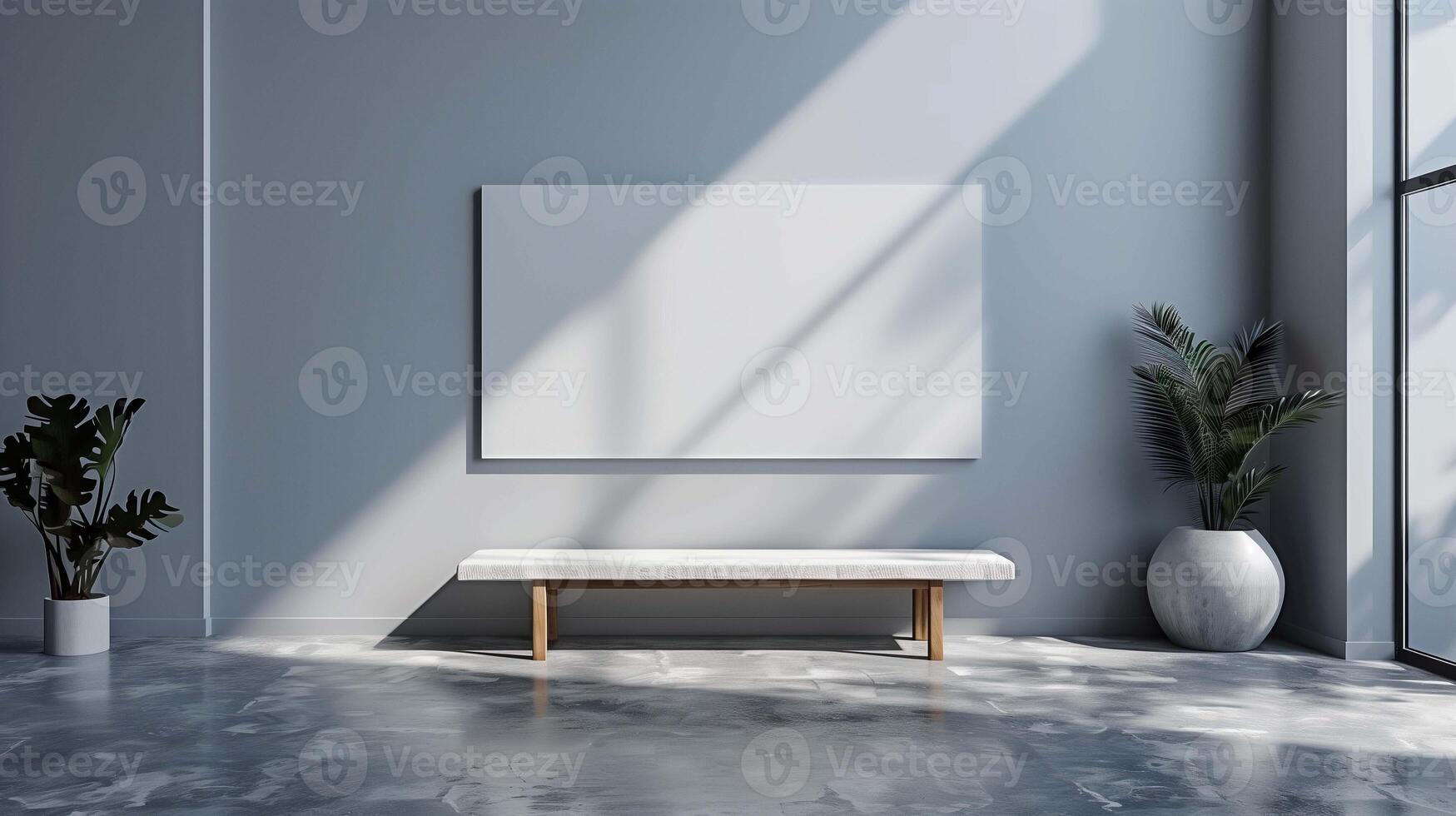 Drawing mockup over bench in empty art gallery. Picture template placed in minimalist interior advertising image. Creative poster mock up in room decoration product photorealistic photo