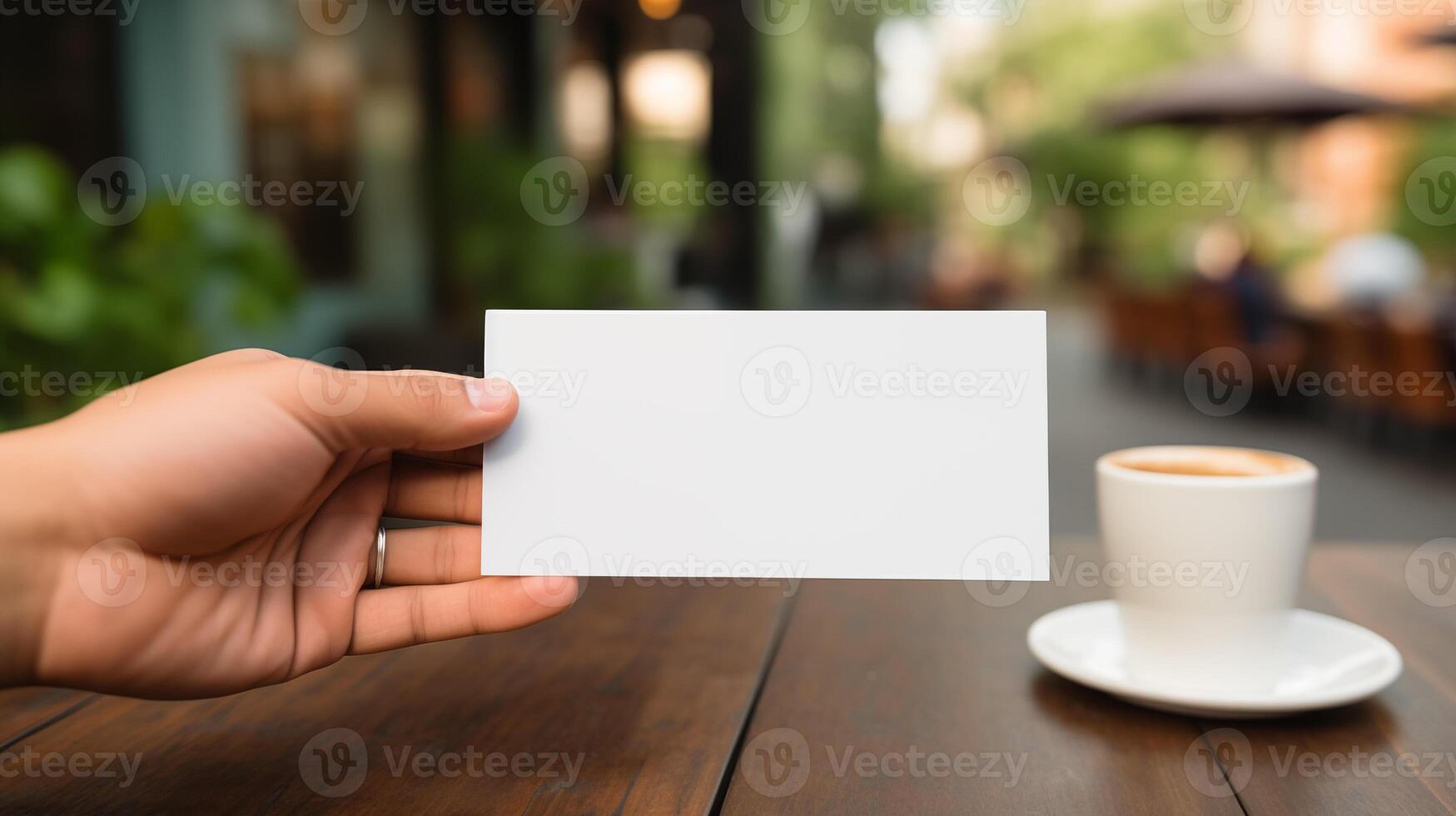 Hand holding blank card mockup with coffee on table. Cafe business promotion template advertising image. Coffeeshop outdoors coffeecup. Identity card mock up product photorealistic photo