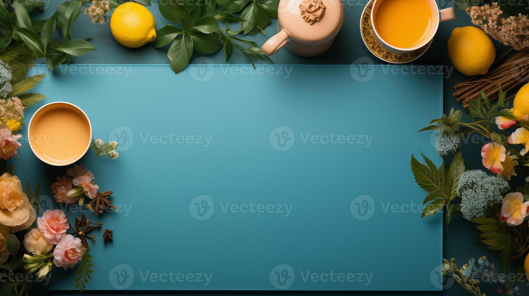 Refreshing flatlay teal card mockup featuring citrus tea lemons flowers leaves. Summery tropical themed design template advertising image. Teatime mock up product photorealistic photo