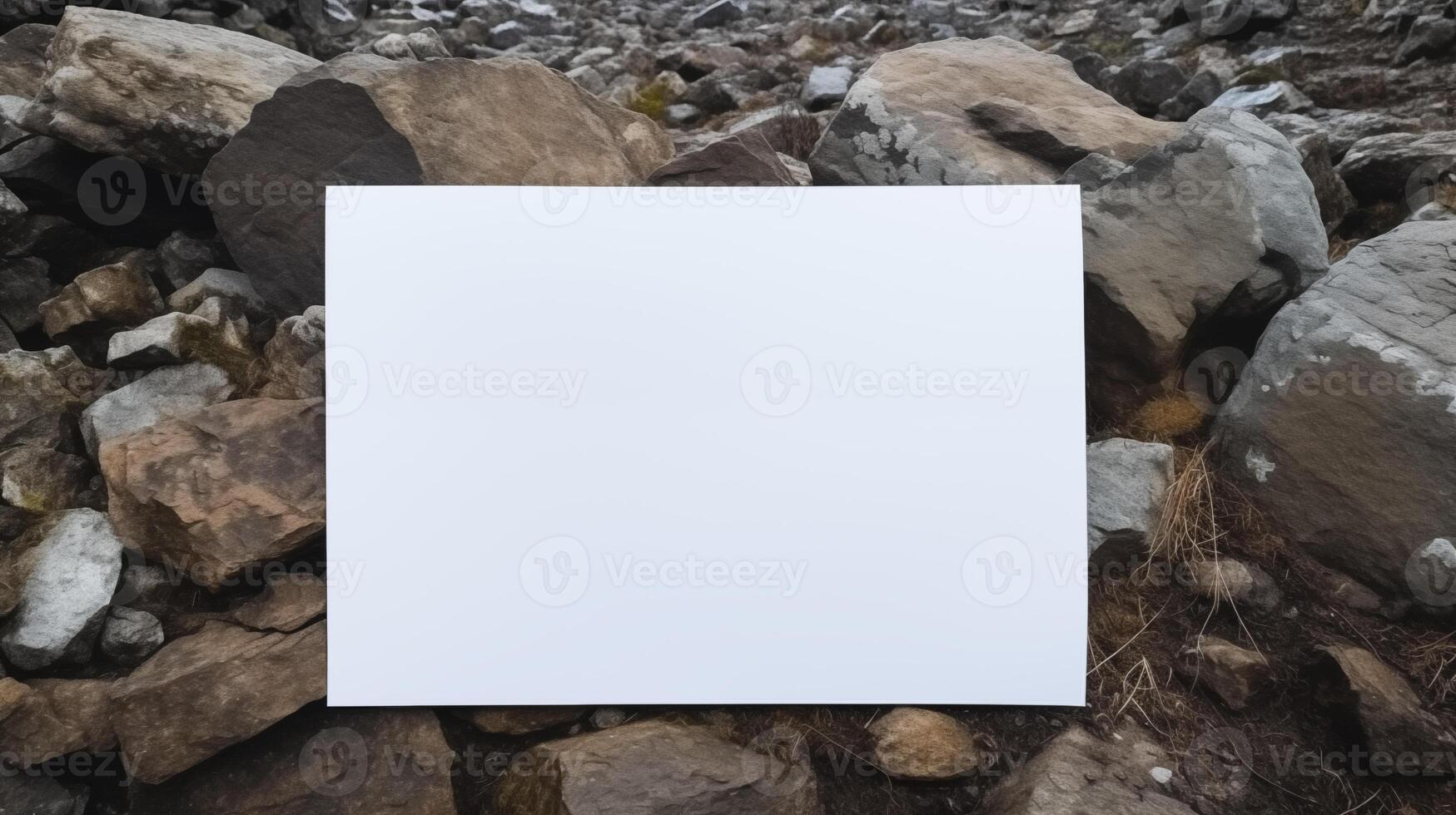 Blank white card mockup against rocky terrain filled with rugged stones. Earthy tones paper template advertising image. Rustic and outdoor composition mock up product photorealistic photo