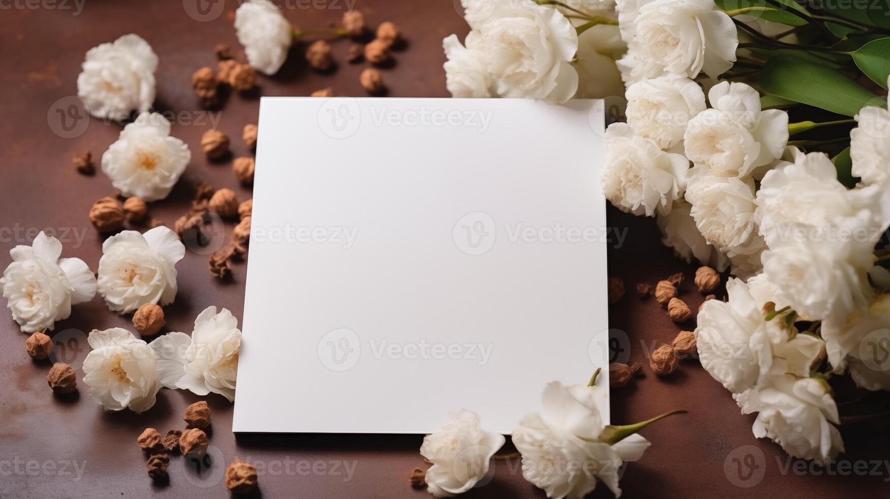 Blank card mockup with white roses and rustic brown textures. Wedding invitation minimalistic template advertising image. Sophisticated floral aesthetic mock up product photorealistic photo