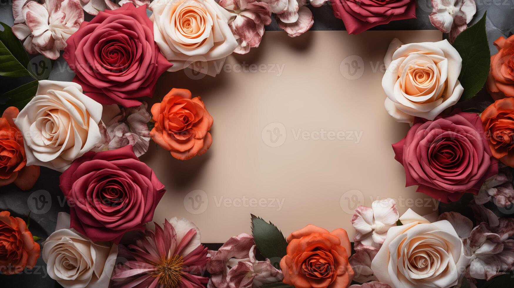Vivid red, orange, cream roses framing blank card mockup soft beige. Vibrant invitation template advertising image. Floral arrangement. Flowers celebration mock up product photorealistic photo