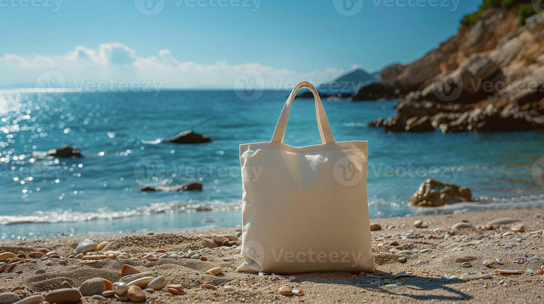 Beige canvas tote bag mockup placed on rocky beach shore. Under bright sunlight totebag template advertising image. Calm blue ocean waters, distant mountains mock up photorealistic photo