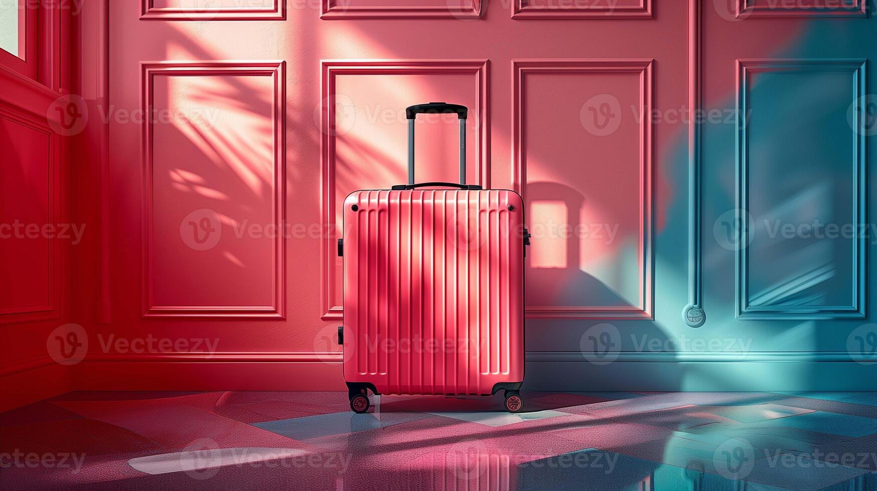 Sleek pink suitcase mockup stands in front of striking wall in dramatic shadows. Vibrant vacation packing template advertising image. Travel-inspired scene mock up product photorealistic photo