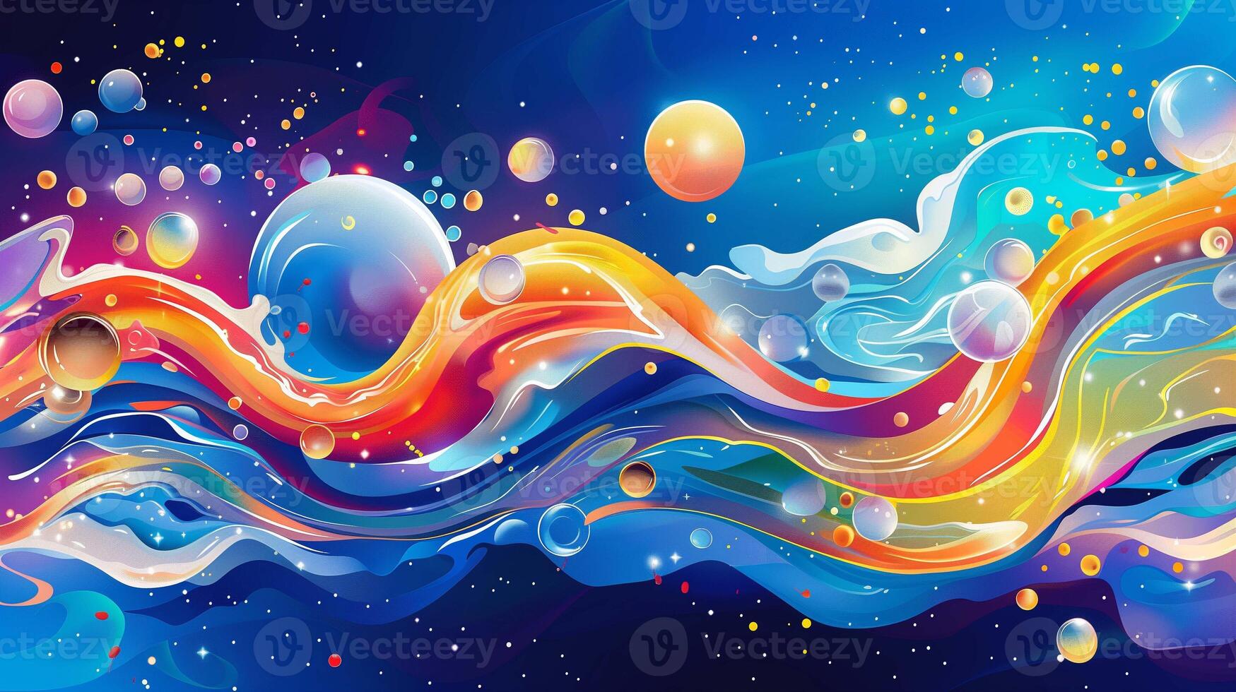 Vivid liquid flow with color balls in space background image. Surreal fluids and bubbles 2d illustration wallpaper picture backdrop. Abstract concept for business presentation corporate photo