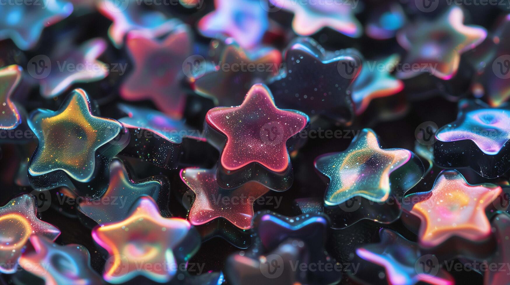 Tasty natural star shaped candies with holographic shine closeup image. Iridescent gummy treats pile close up photography. Jelly confectionery snacks concept photo realistic