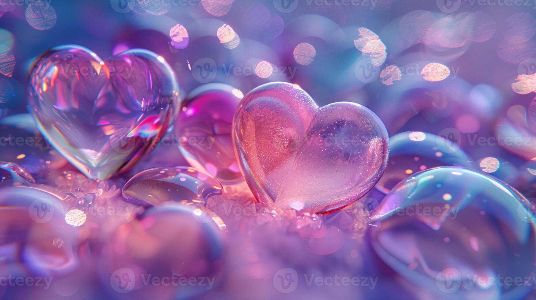 Glossy pink glass hearts composition closeup image. Love feeling expression with cute souvenirs close up photography. Happy valentine day celebration concept photo realistic