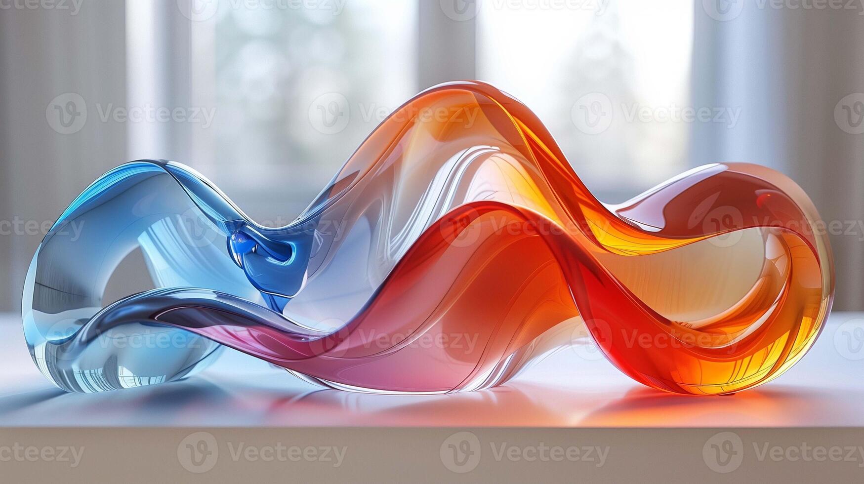 Stylish glass sculpture in interior design 3d rendering image. Wavy gradient plastic sheet artwork background wallpaper colorful realistic. Modern art creative item concept idea photo