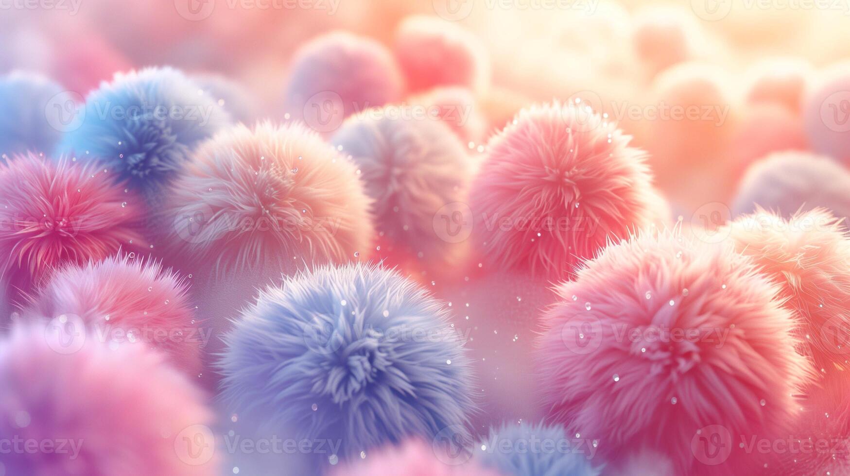 Hairy fluffballs heap lit by sunlight closeup image. Pastel shades toy soft balls collection close up photography. Clothing craft accessories gathered in pile concept photo realistic