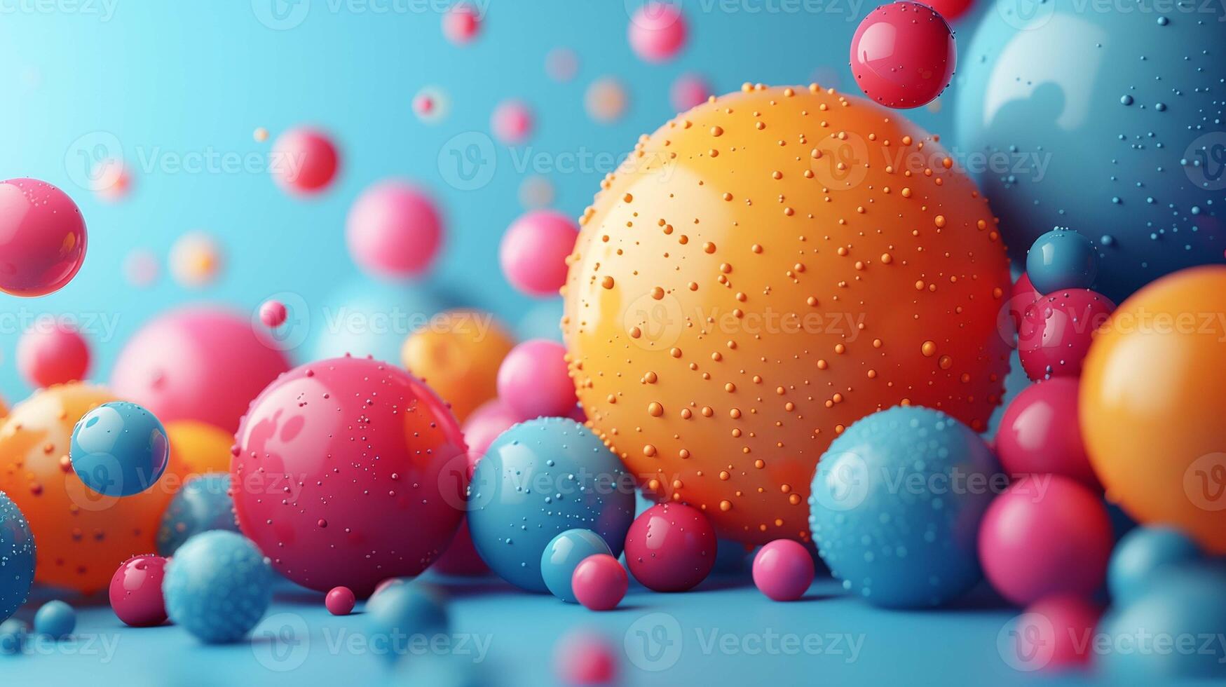 Various sizes balls with small drops 3d rendering image. Glossy geometrical shapes pile on blue background wallpaper colorful realistic. Abstract bubbles scene concept idea photo