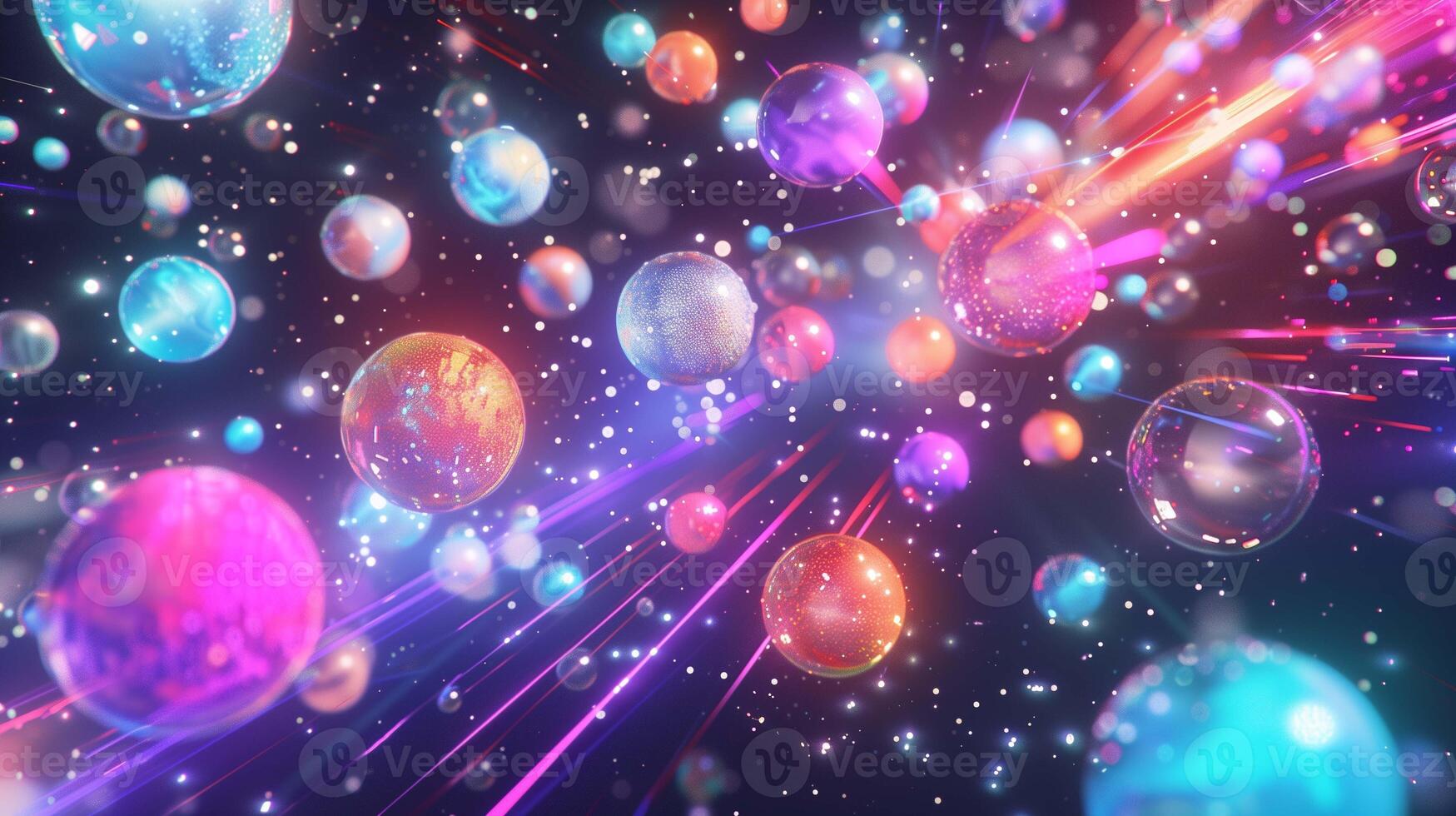 Neon planets and glowing traces in starry sky 3d rendering image. Shiny celestial bodies in dynamic scene background wallpaper colorful realistic. Cosmos research concept idea photo