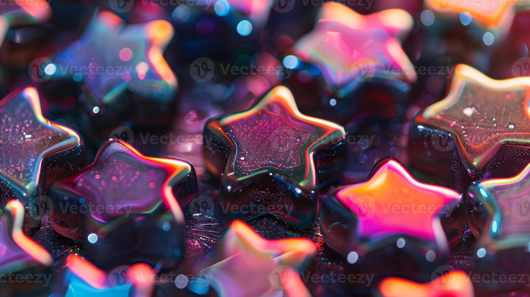 Star shaped chewing candies with iridescent gloss closeup image. Delicious gummy desserts on display close up photography. Sweet tooth treats eating concept photo realistic