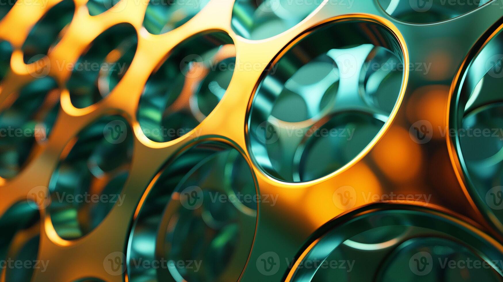 Glossy metallic surface with holes pattern closeup 3d rendering image. Perforated sheet of shiny material background wallpaper colorful realistic. Abstract ornament concept idea photo