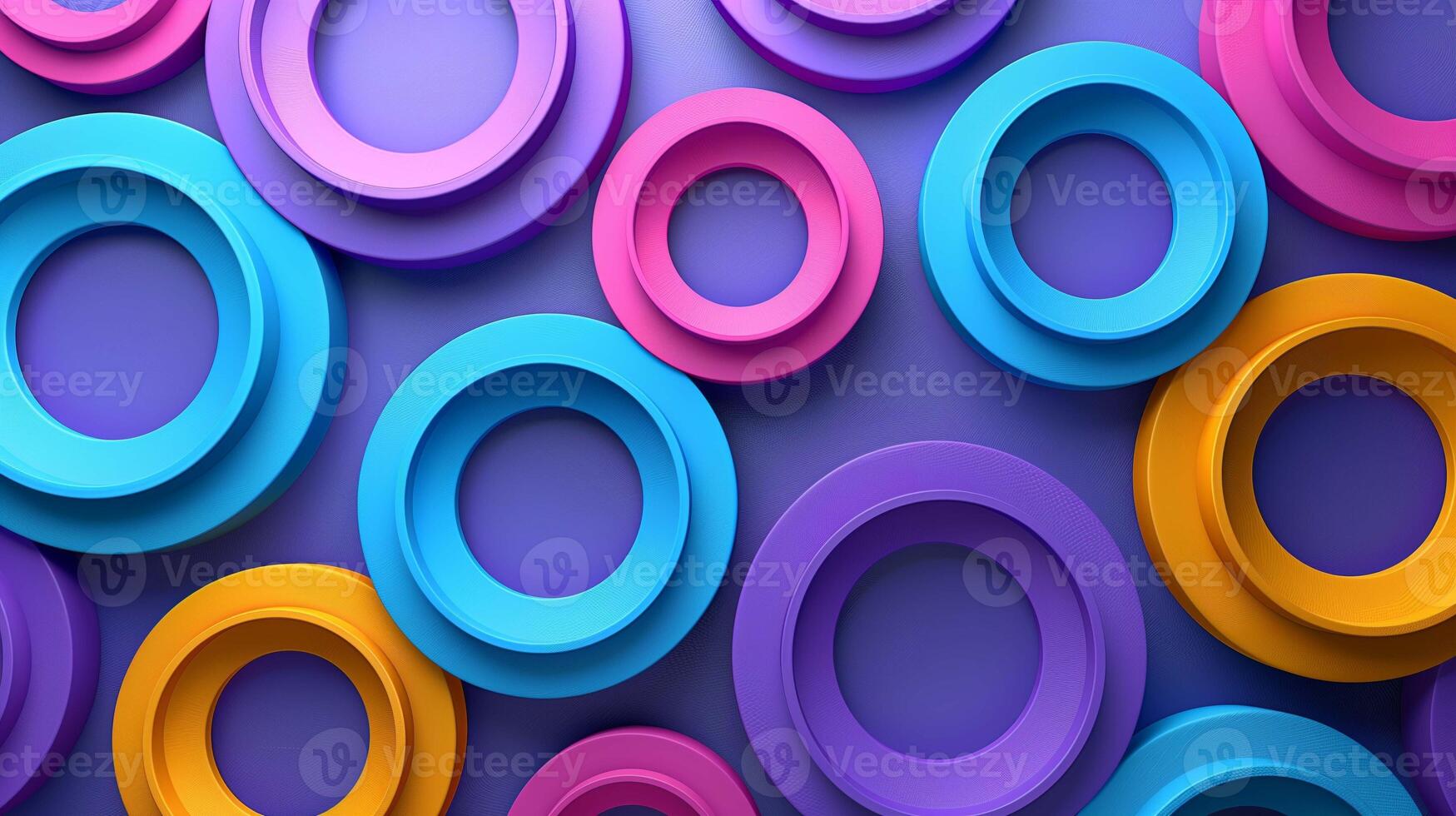 Vibrant plastic ring shaped details 3d rendering image. Geometric pattern of circles on purple background wallpaper colorful realistic. Minimalist childish ornament concept idea photo