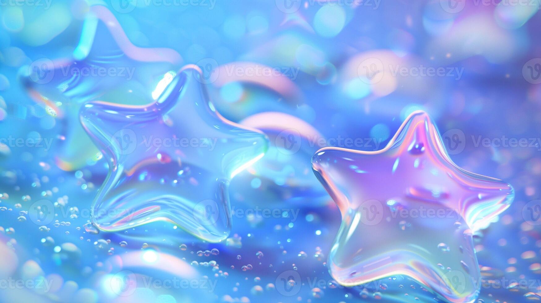 Iridescent translucent stars with bubbles composition closeup image. Glass shapes demonstrating achievement close up photography. Glamorous decor element concept photo realistic