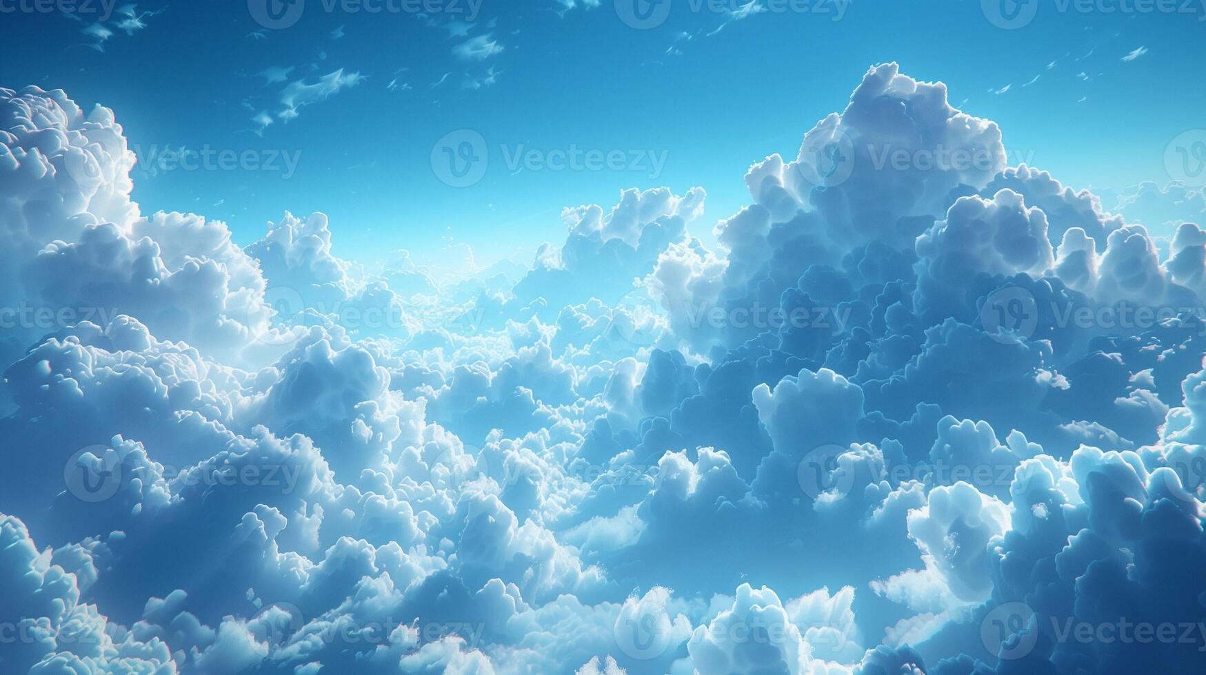 Picturesque cloudscape in blue sky image. Fluffy clouds creating tranquil heaven photography scene wallpaper. Amazing overcast skyscape in clear air concept photorealistic photo