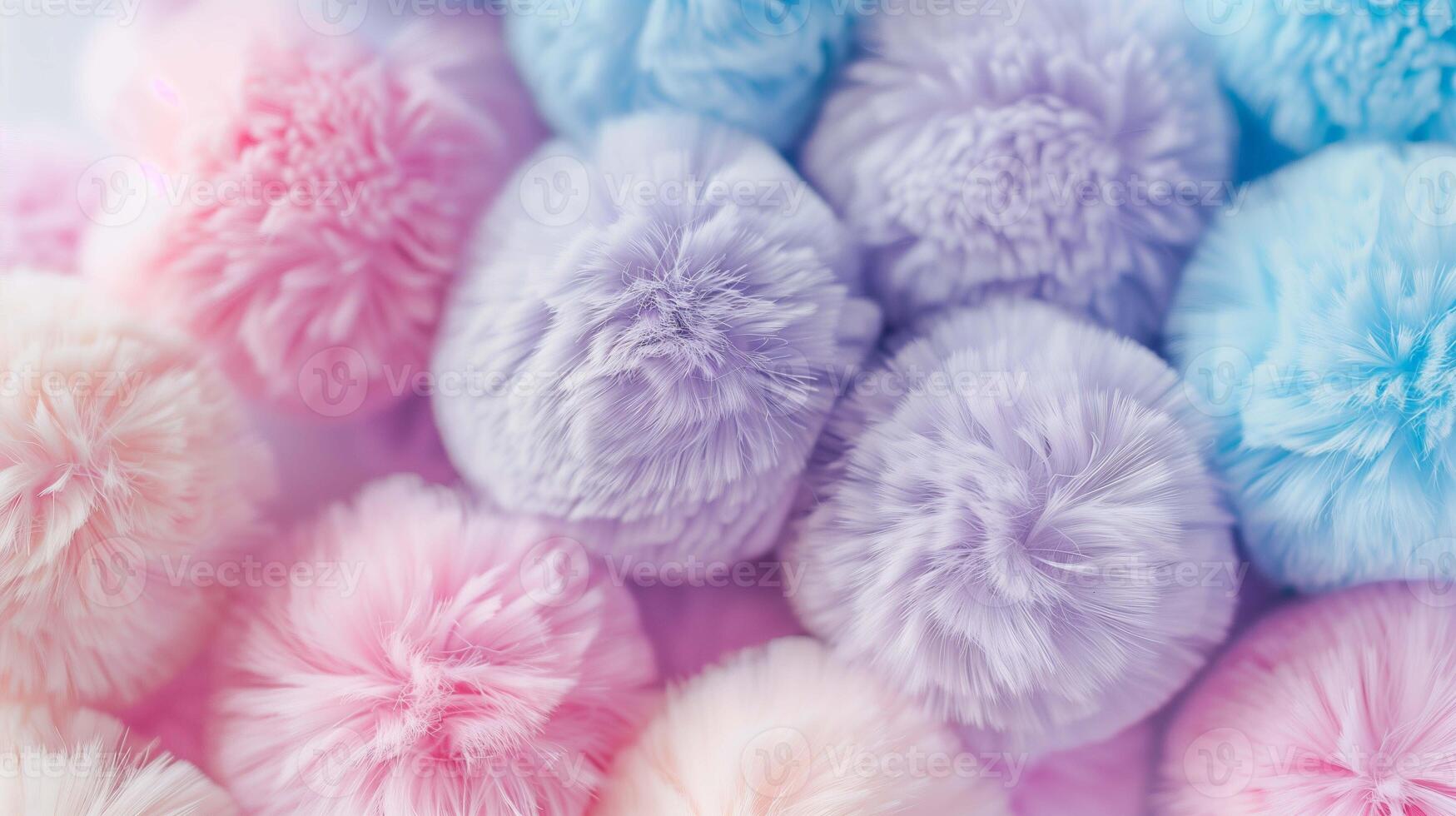 Soft fluffy hair balls of pastel colors pile closeup image. Clothes making supplies furry spheres heap close up photography. Faux fur pompoms display concept photo realistic
