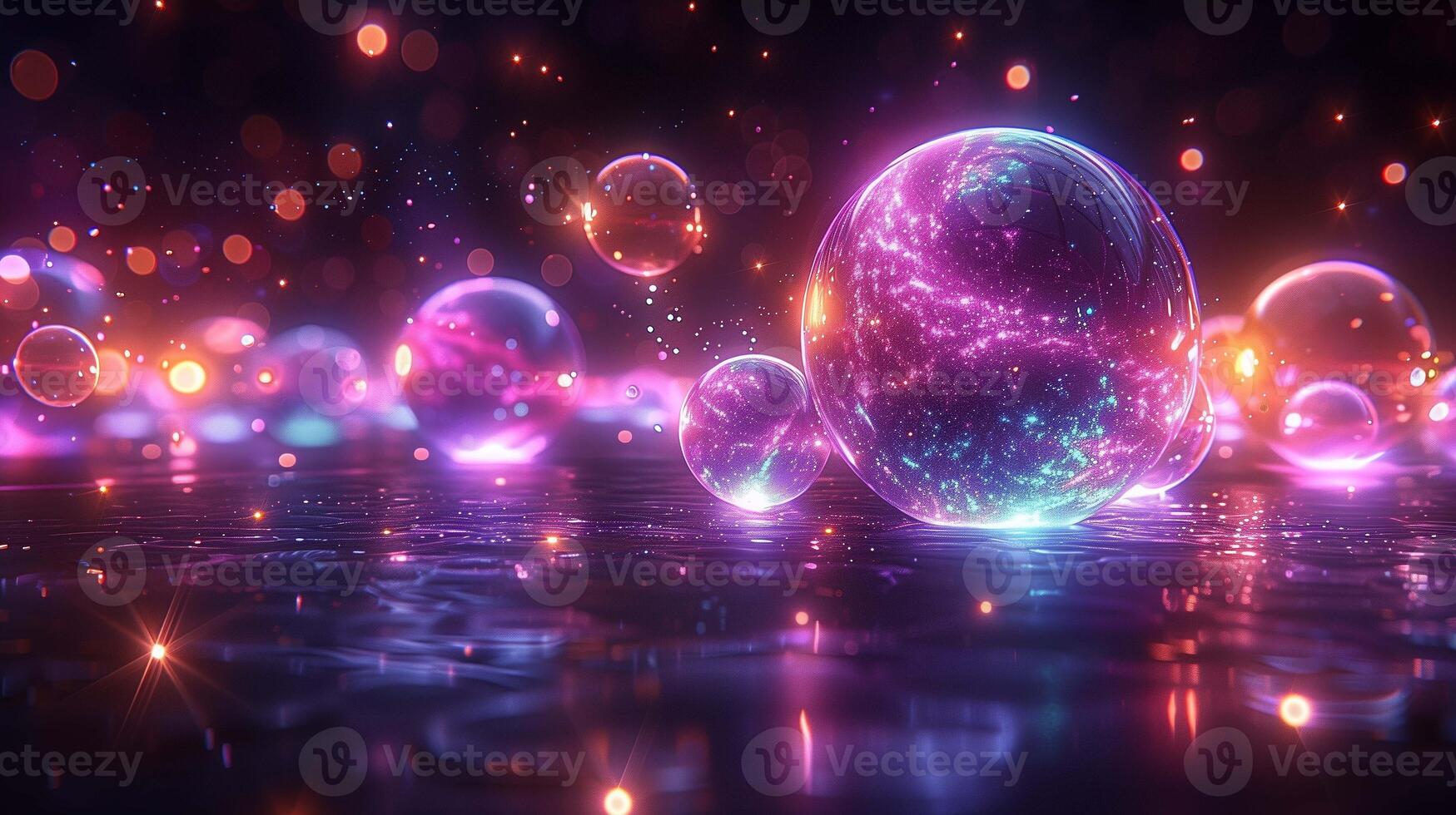 Glowing clear bubbles in dark space 3d rendering image. Glass spheres reflecting vibrant light background wallpaper colorful realistic. Abstract cosmos landscape concept idea photo