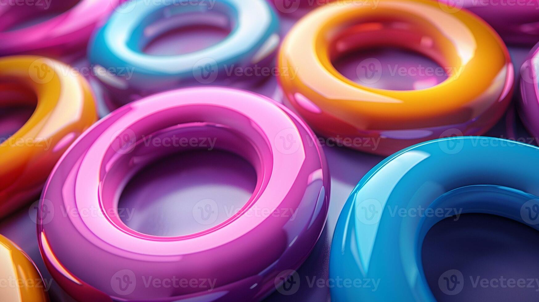 Glossy bagels creating pattern closeup 3d rendering image. Abstract geometrical ornament of plastic donuts background wallpaper colorful realistic. Vibrant scene concept idea photo