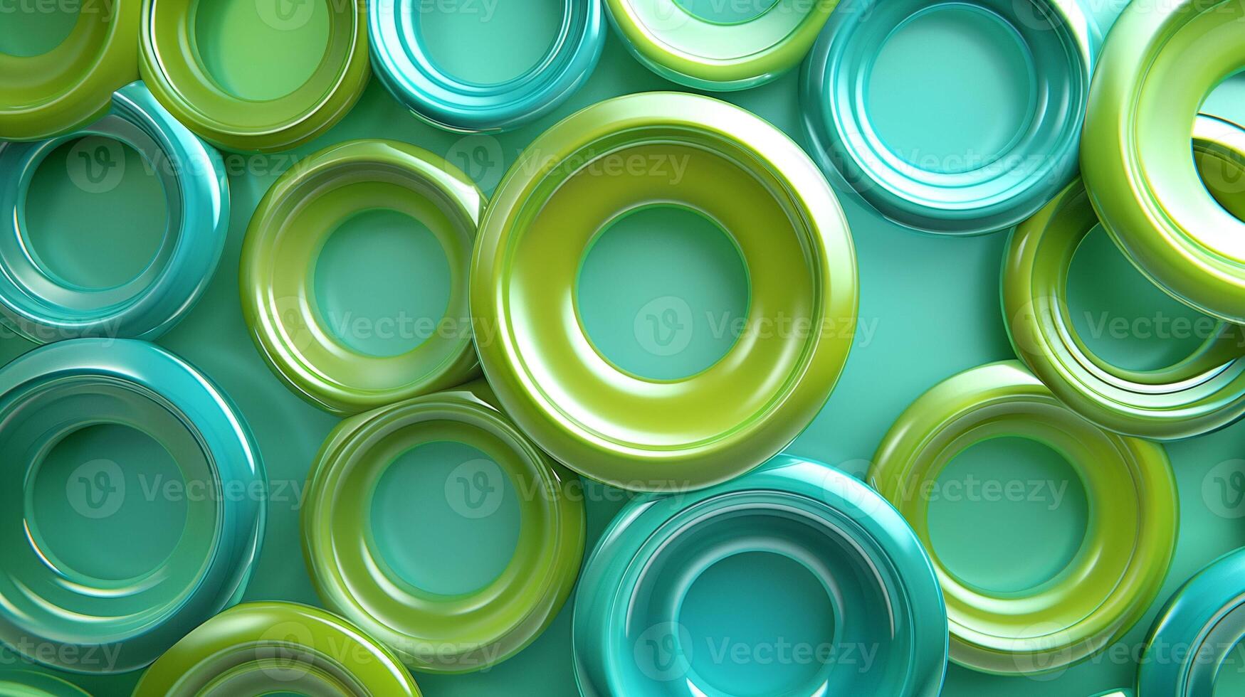 Circles of various green shades pattern 3d rendering image. Vibrant geometrical shapes arrangement background wallpaper colorful realistic. Creative composition concept idea photo