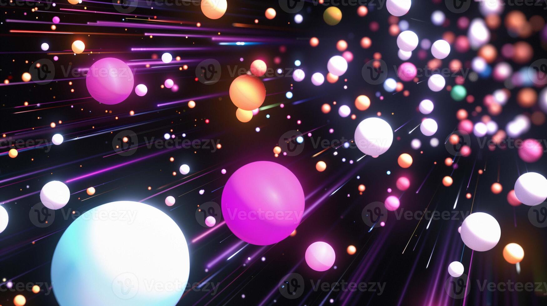 Bright balls flying fast through black space 3d rendering image. Neon planets in cosmos dynamic scene background wallpaper colorful realistic. Scientific model concept idea photo