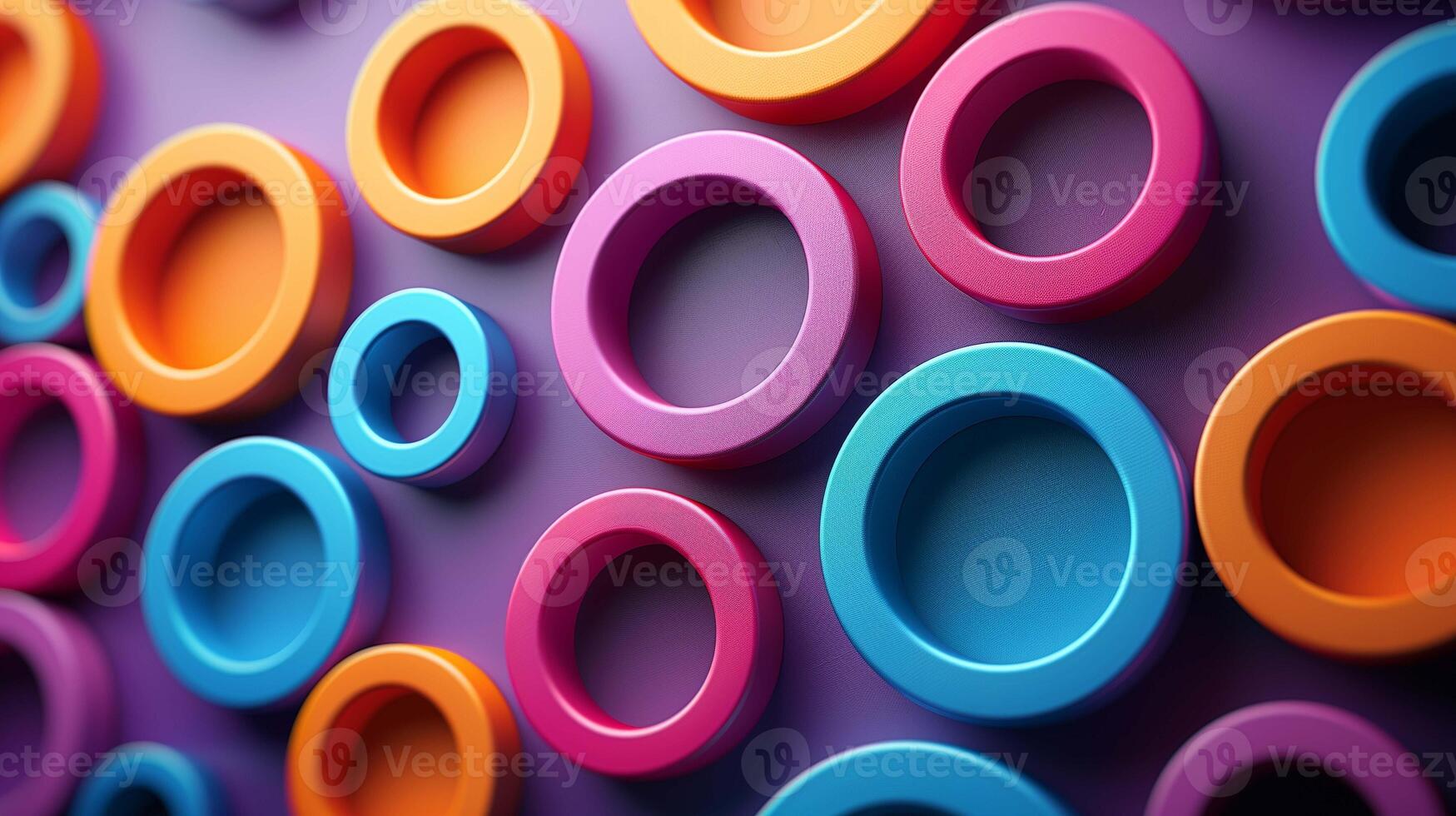 Multicolor vibrant rings pattern 3d rendering image. Different size round element arrangement background wallpaper colorful realistic. Bright ornament with circles concept idea photo