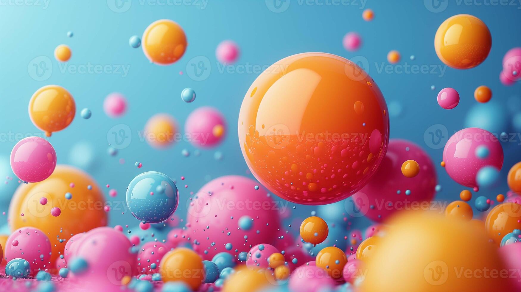 Glossy vibrant air bubbles floating 3d rendering image. Bright paint spheres creating holiday mood background wallpaper colorful realistic. Creative composition concept idea photo