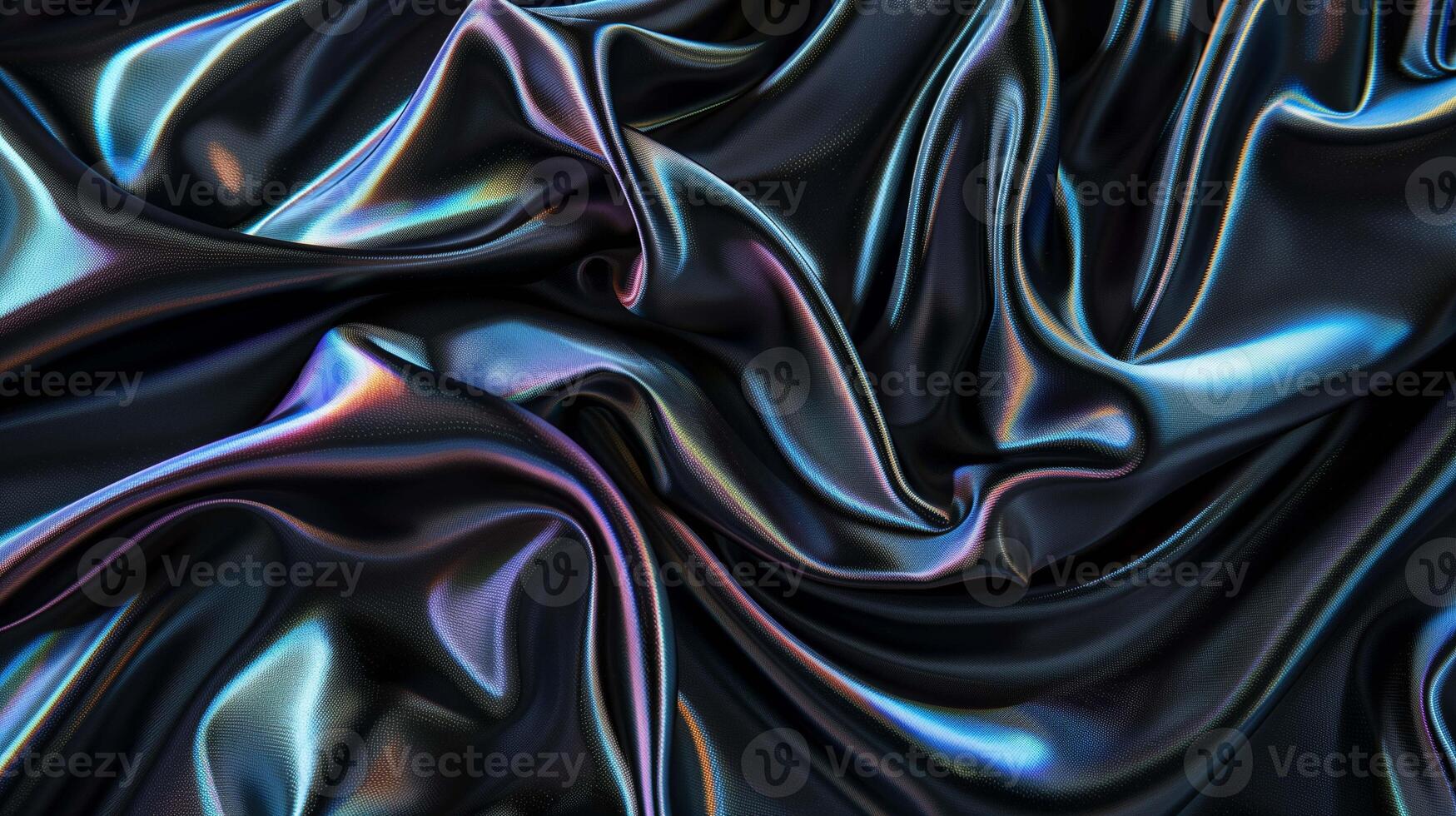 Black holographic fabric glowing gradient pattern closeup image. Dark iridescent silk crumpled sheet close up photography. Dressmaking design supplies concept photo realistic