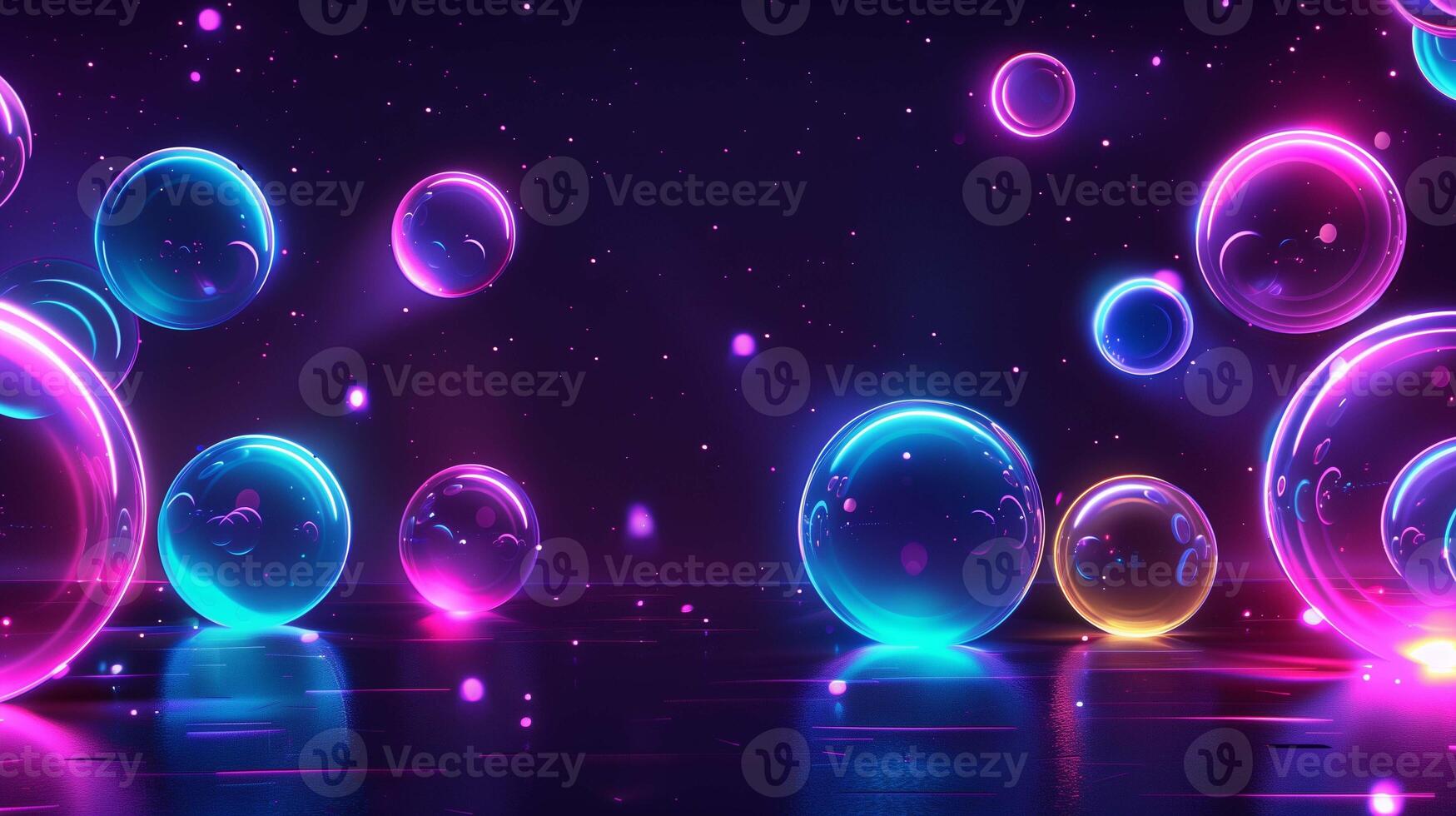 Transparent neon balls in dark space 3d rendering image. Luminescent bubbles floating in air background wallpaper colorful realistic. Dreamlike scene with vibrant colors concept idea photo