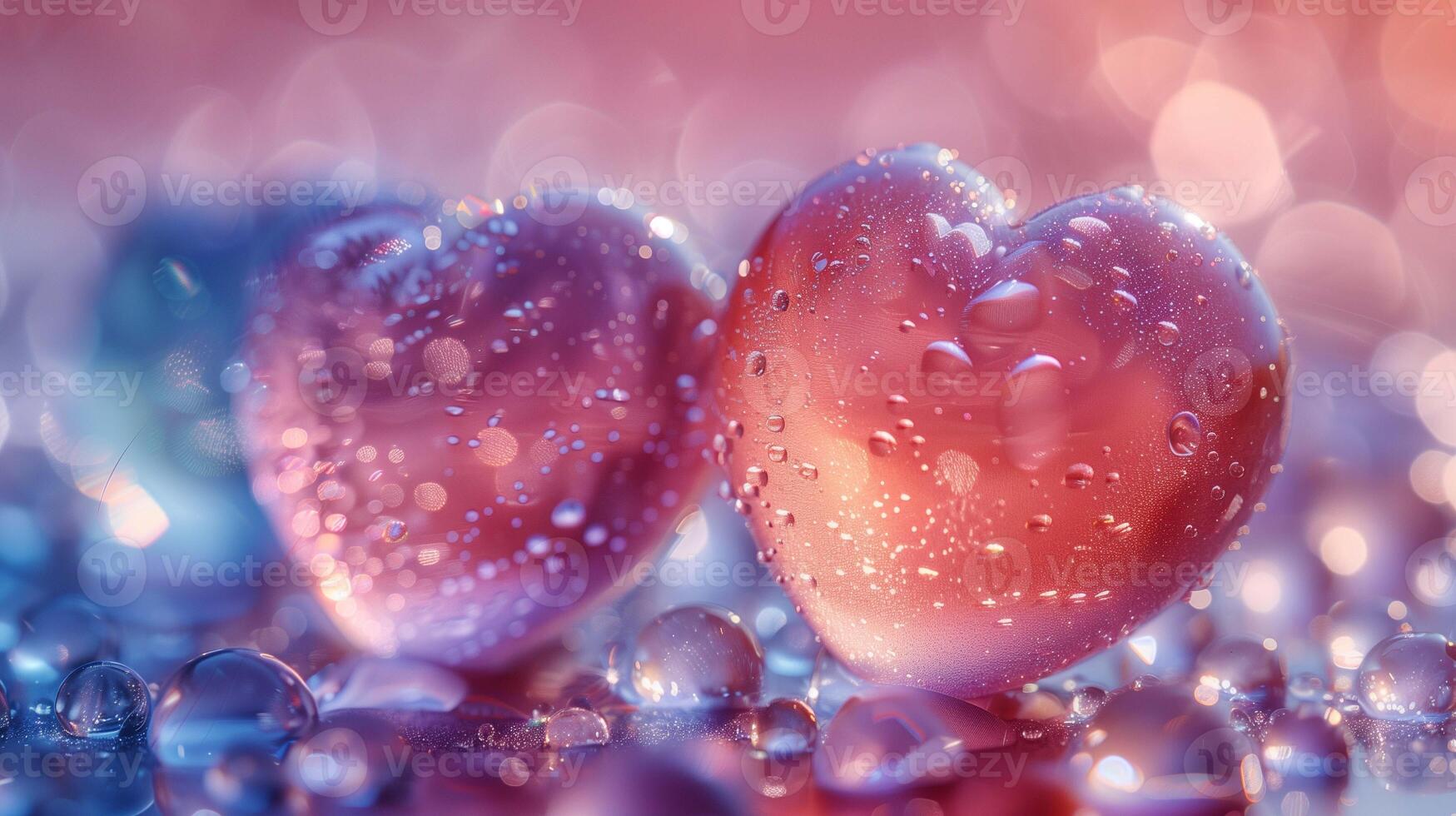 Crystal hearts covered with water drops image copy space. Romantic event decorative elements of glass banner background blurred. Love relationship concept photography copyspace photo