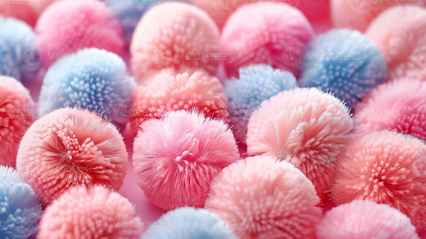 Hairy balls of blue and pink color closeup image. Childish pompoms displayed in sewing shop close up photography. Handicraft hobby pastel fluffballs collection concept photo realistic