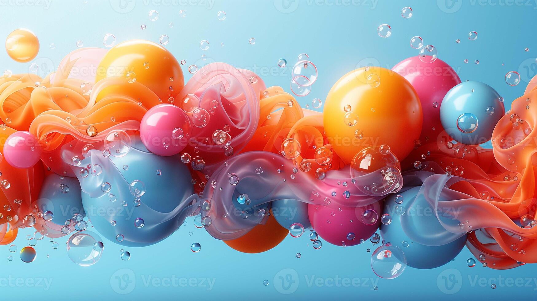 Vivid dynamic fluid with balls and air bubbles scene 3d rendering image. Swirling paint flow with round details background wallpaper colorful realistic. Surrealism concept idea photo