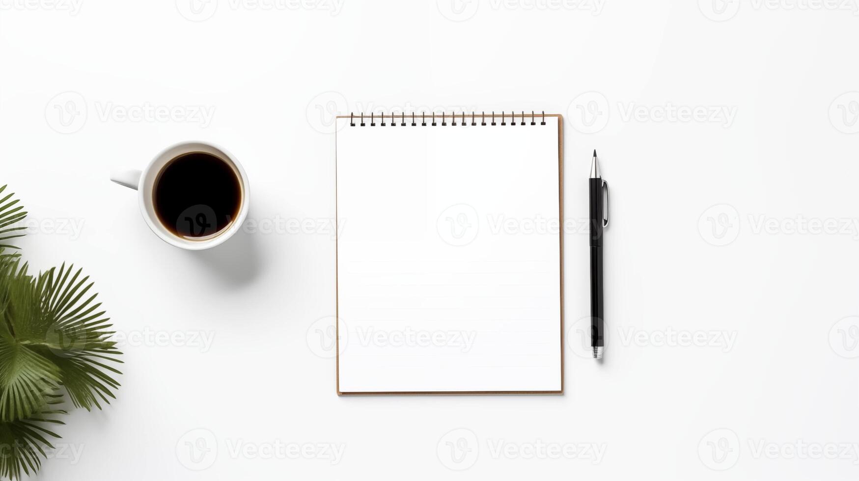 Organized workspace with coffee cup, notepad mockup and pen. Top view of green leaves, office essentials template advertising image. Calm minimalist style mock up product photorealistic photo